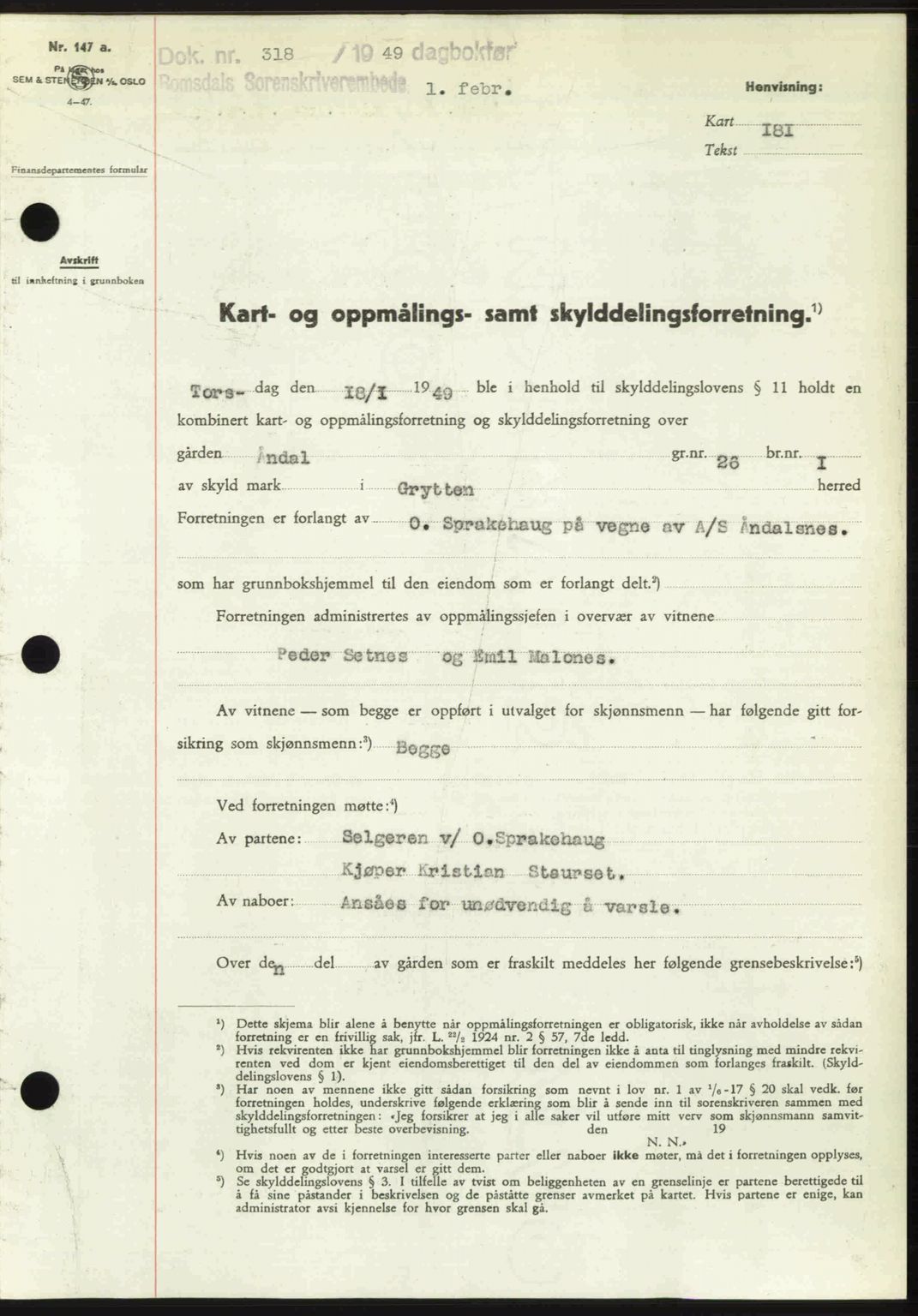 Romsdal sorenskriveri, AV/SAT-A-4149/1/2/2C: Mortgage book no. A28, 1948-1949, Diary no: : 318/1949