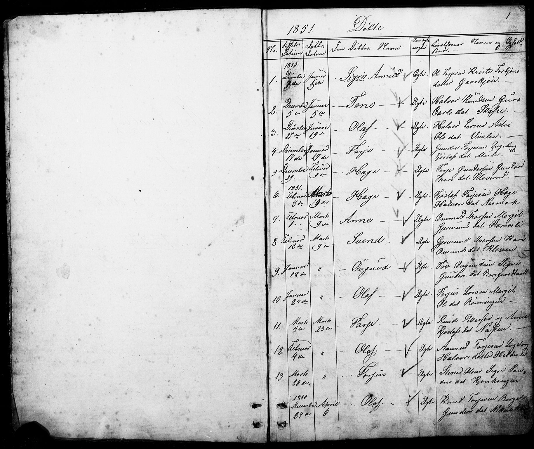 Mo kirkebøker, SAKO/A-286/G/Gb/L0002: Parish register (copy) no. II 2, 1851-1890, p. 1