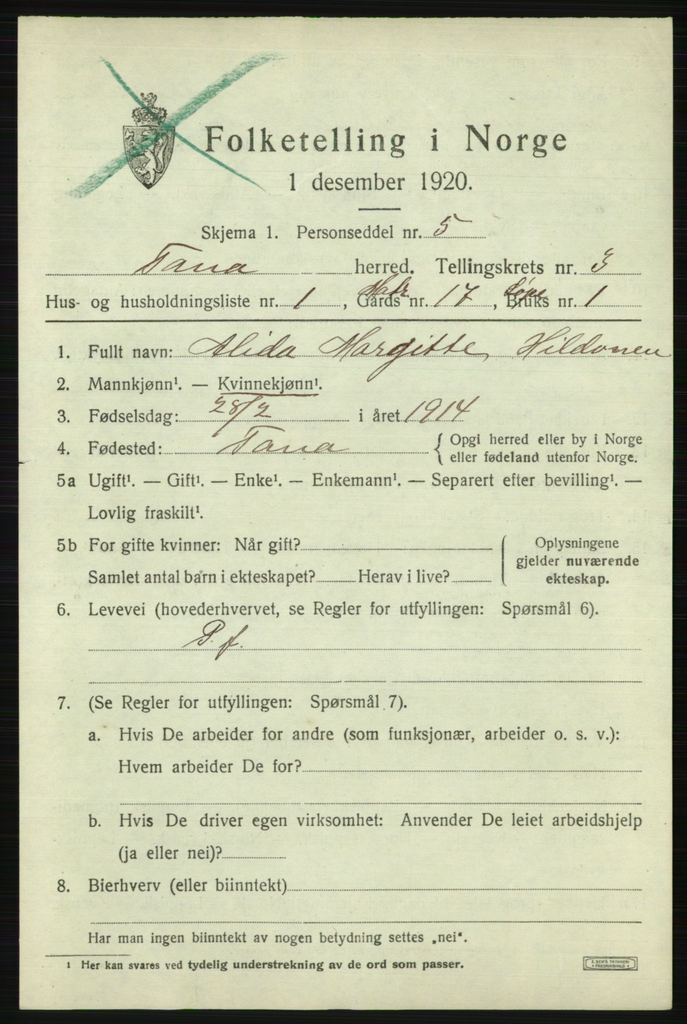 SATØ, 1920 census for Tana, 1920, p. 2362