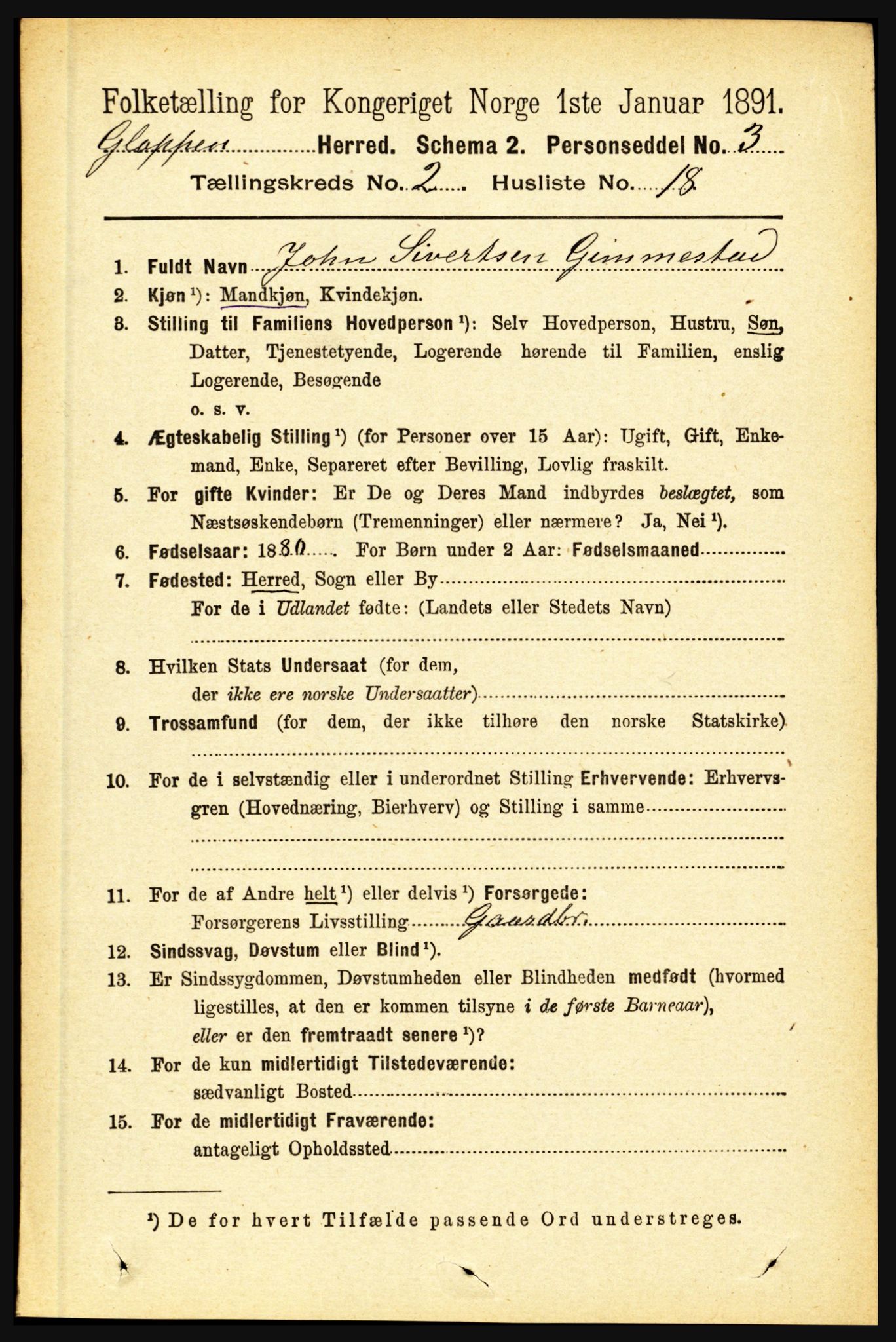 RA, 1891 census for 1445 Gloppen, 1891, p. 734