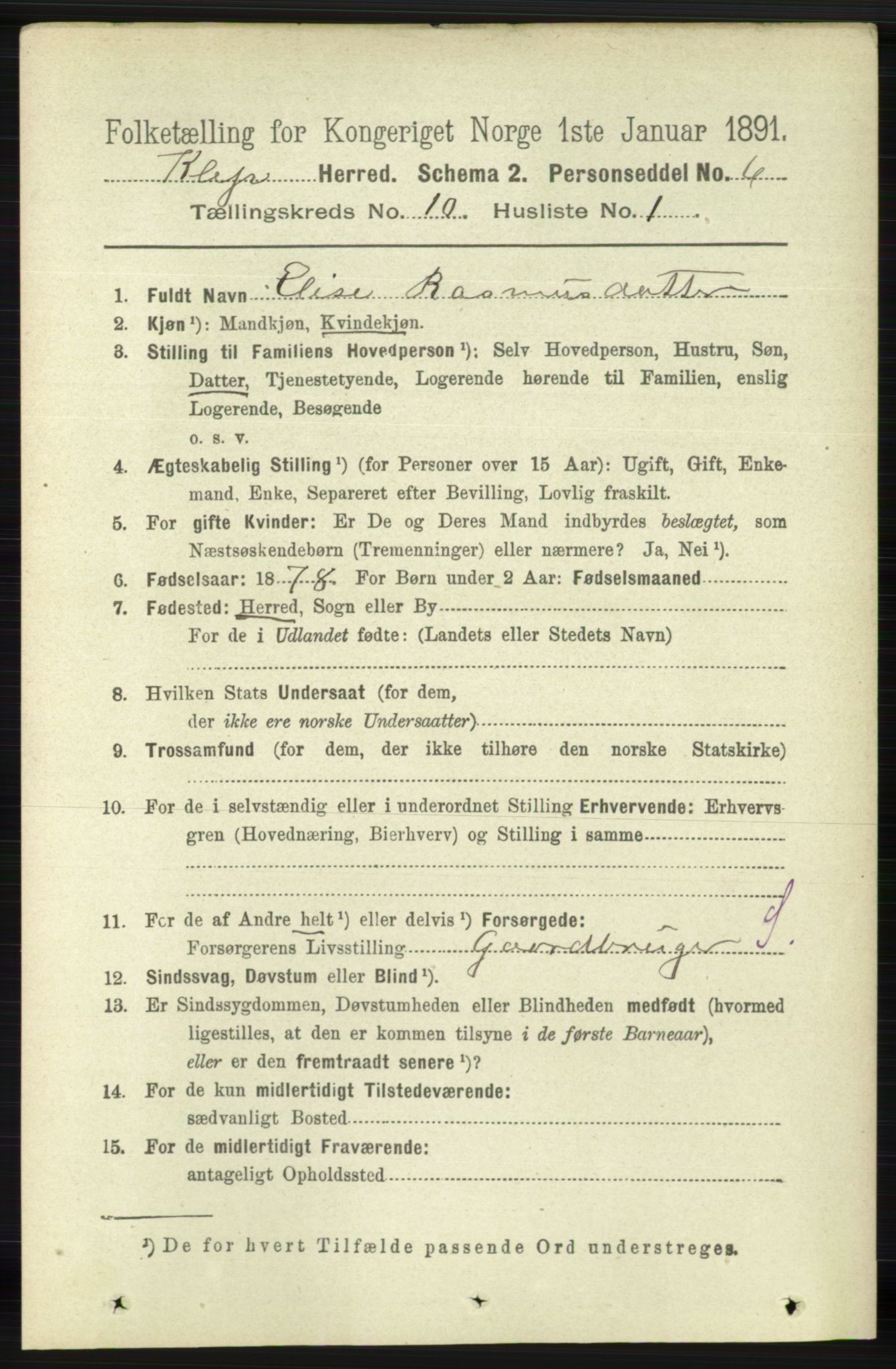 RA, 1891 census for 1120 Klepp, 1891, p. 2857