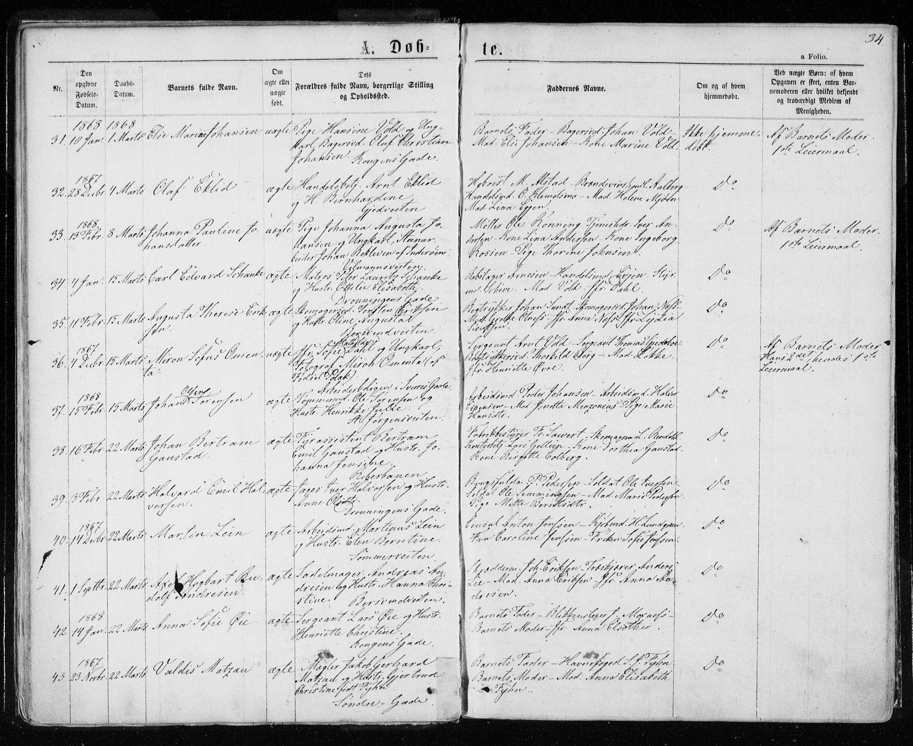 Ministerialprotokoller, klokkerbøker og fødselsregistre - Sør-Trøndelag, SAT/A-1456/601/L0054: Parish register (official) no. 601A22, 1866-1877, p. 34