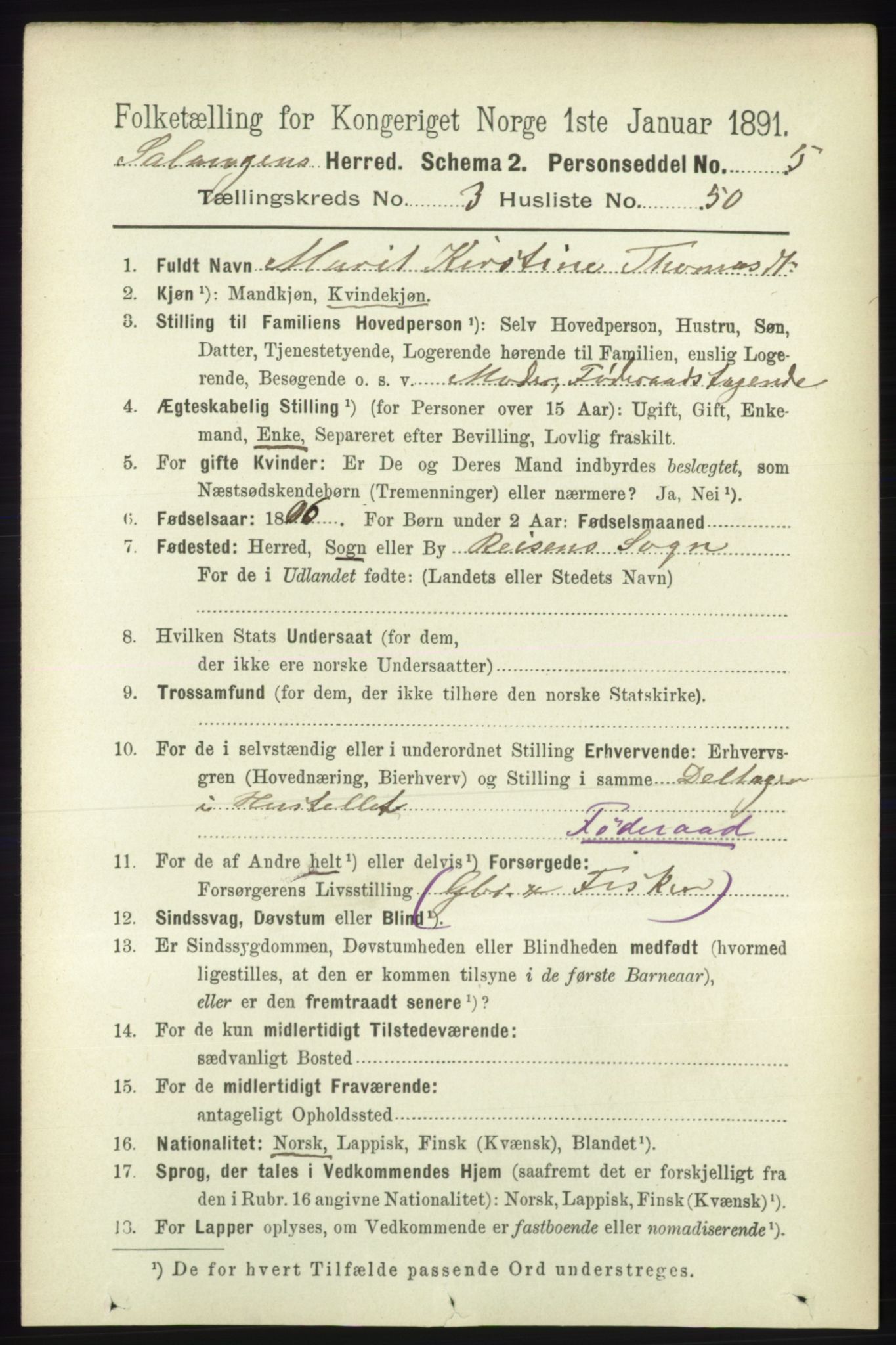 RA, 1891 census for 1921 Salangen, 1891, p. 1511