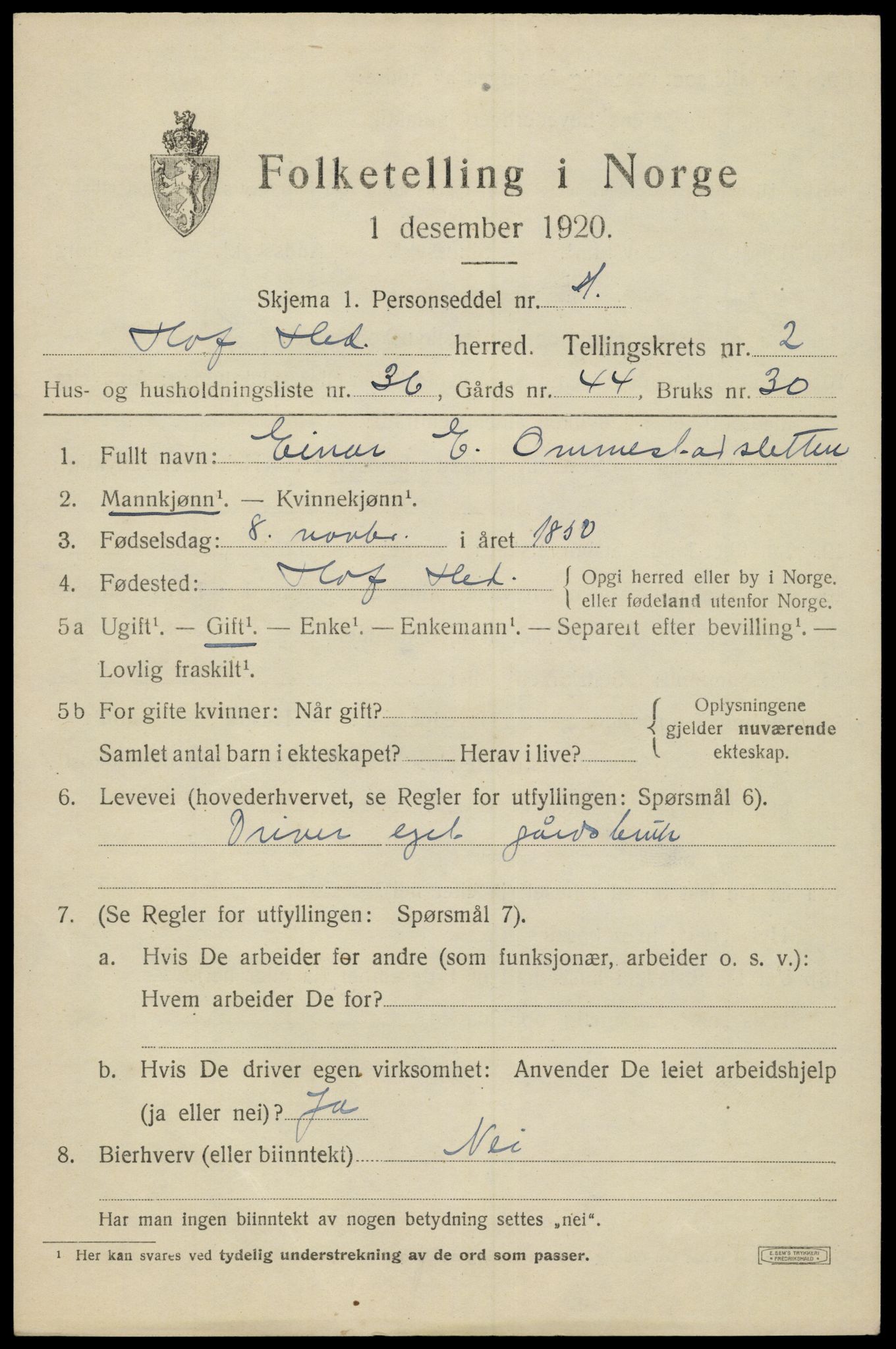 SAH, 1920 census for Hof, 1920, p. 2907