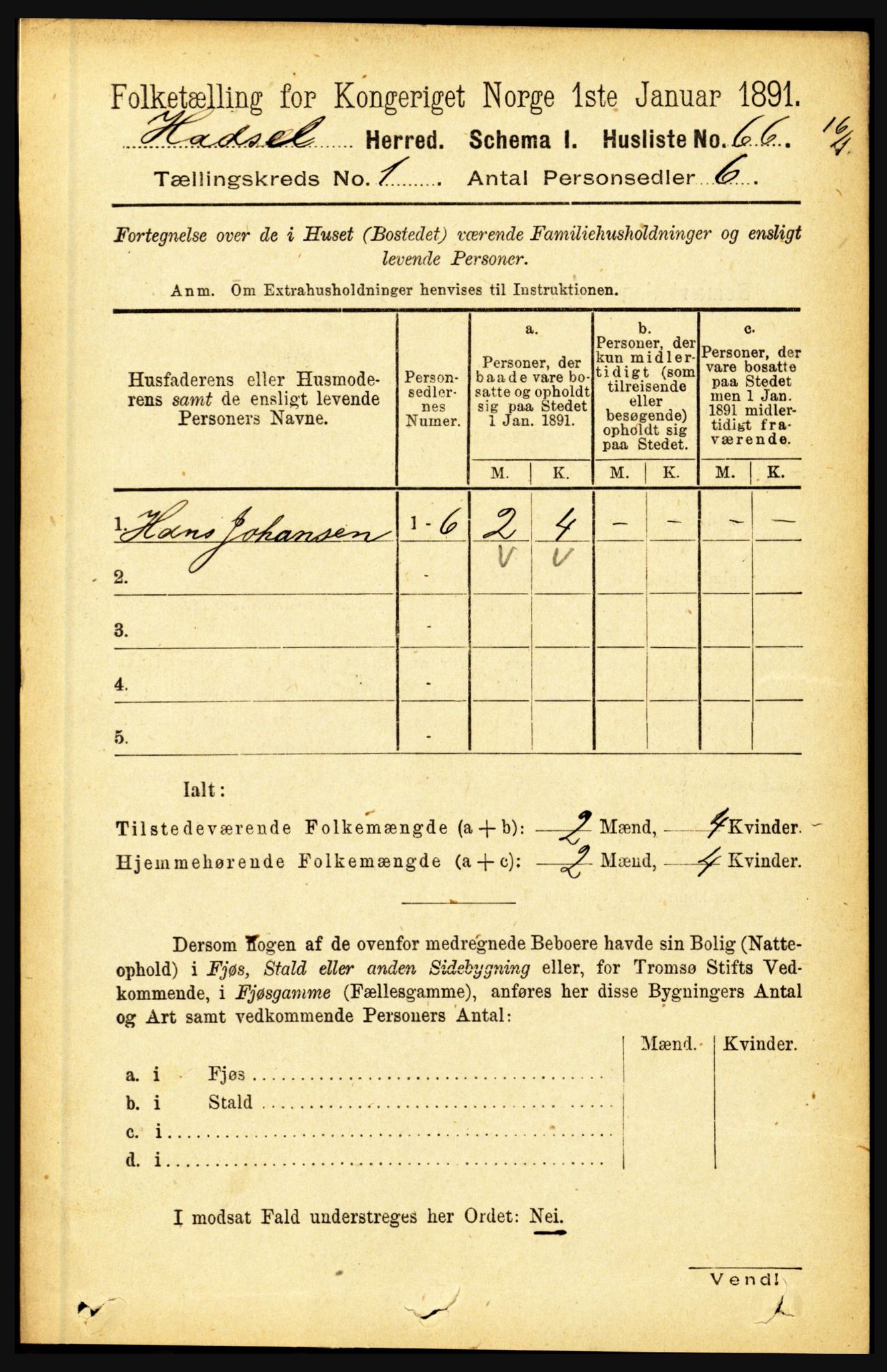 RA, 1891 census for 1866 Hadsel, 1891, p. 106