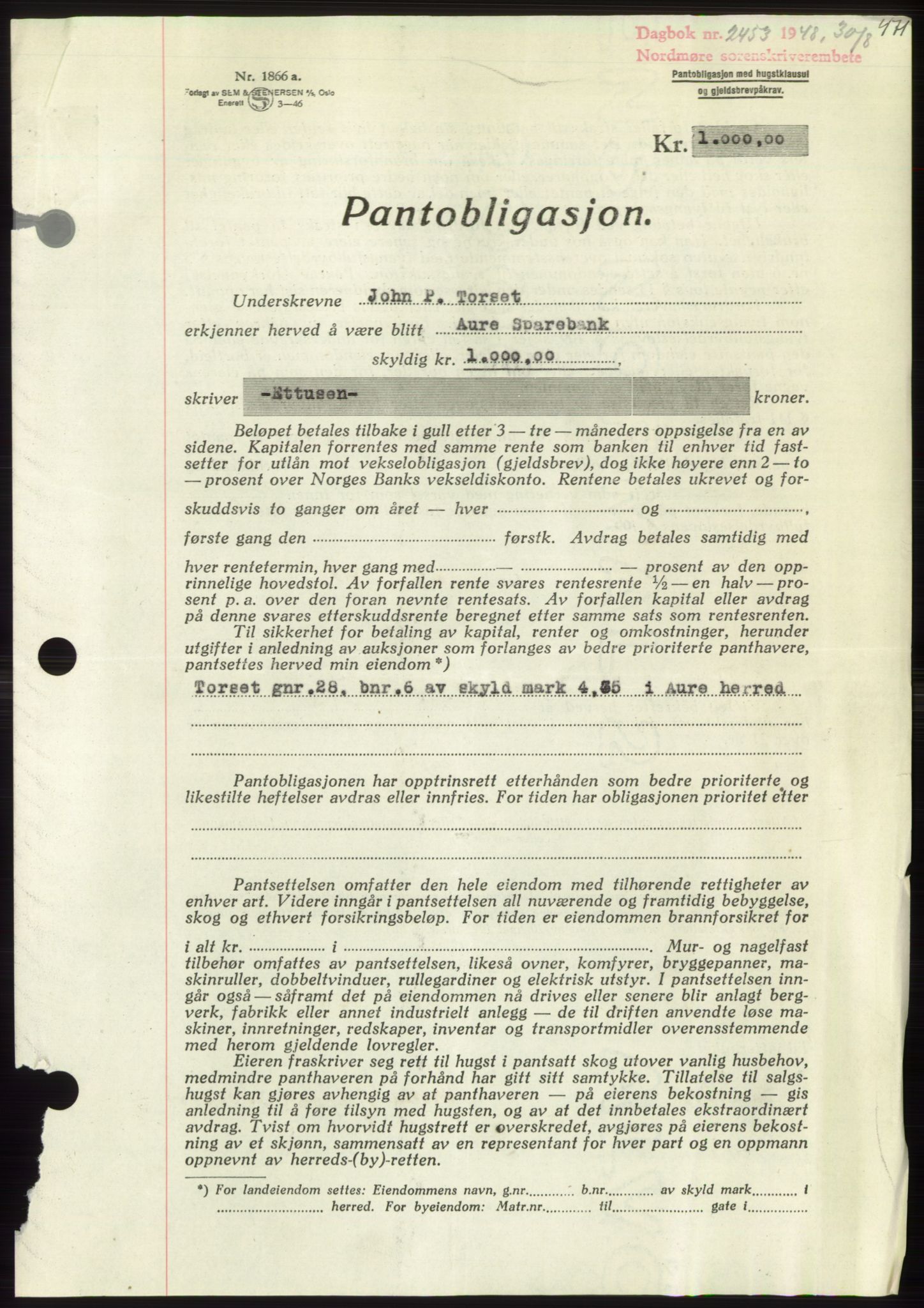 Nordmøre sorenskriveri, AV/SAT-A-4132/1/2/2Ca: Mortgage book no. B99, 1948-1948, Diary no: : 2453/1948