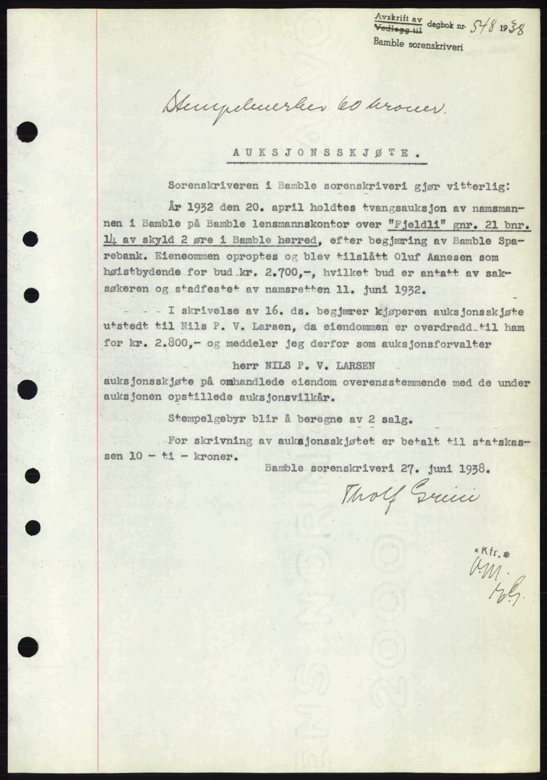 Bamble sorenskriveri, AV/SAKO-A-214/G/Ga/Gag/L0002: Mortgage book no. A-2, 1937-1938, Diary no: : 548/1938