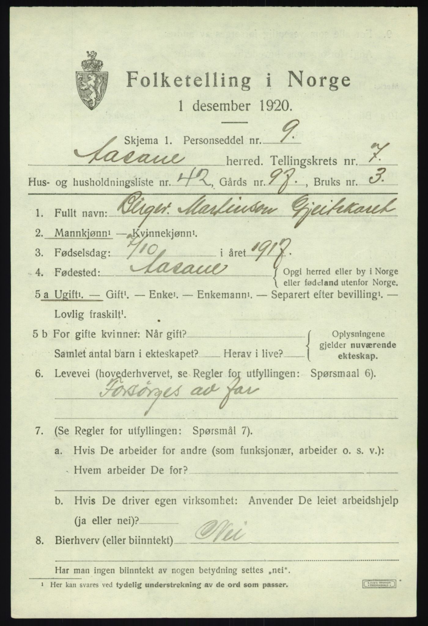 SAB, 1920 census for Åsane, 1920, p. 5605