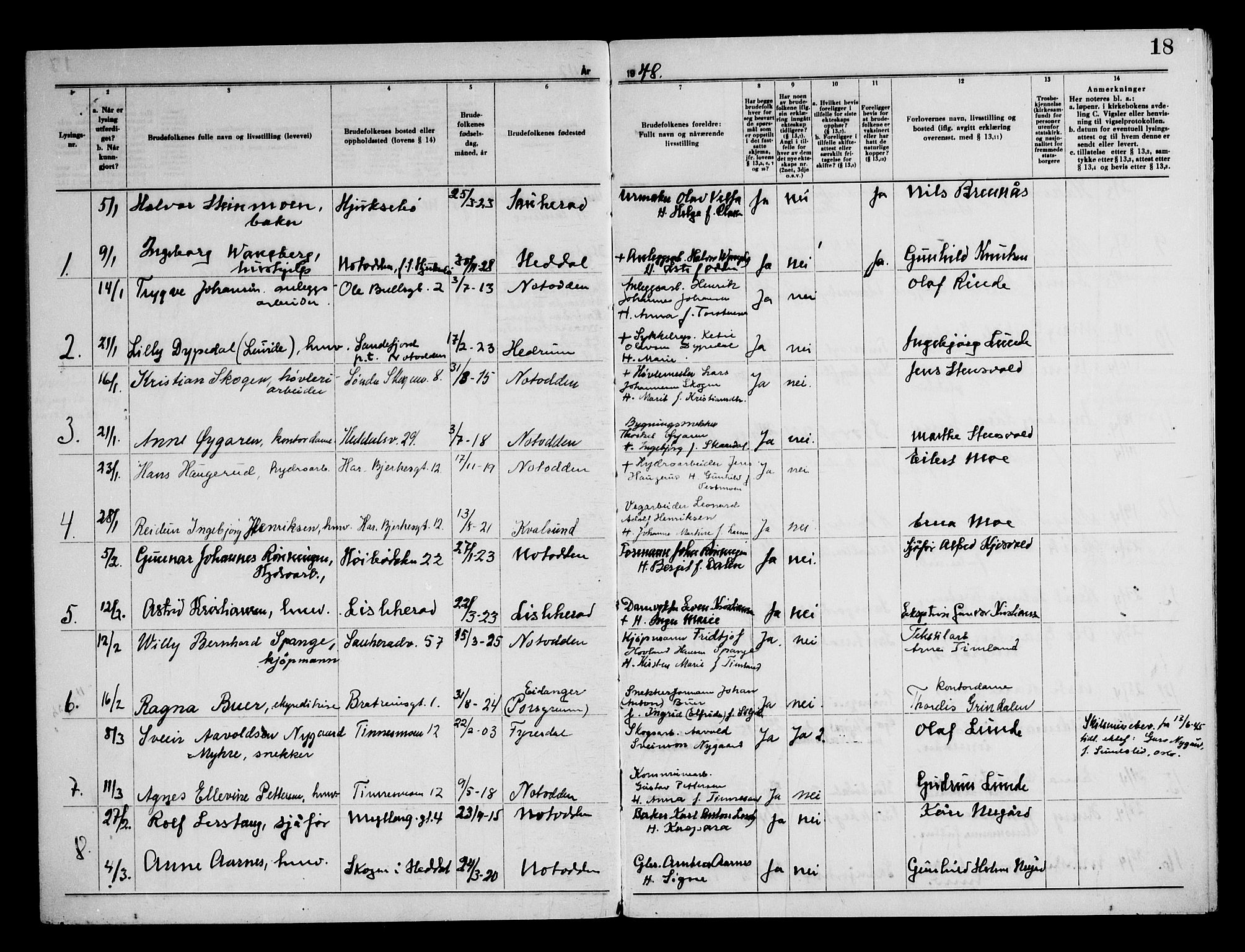 Notodden kirkebøker, SAKO/A-290/H/Ha/L0002: Banns register no. 2, 1946-1958, p. 18