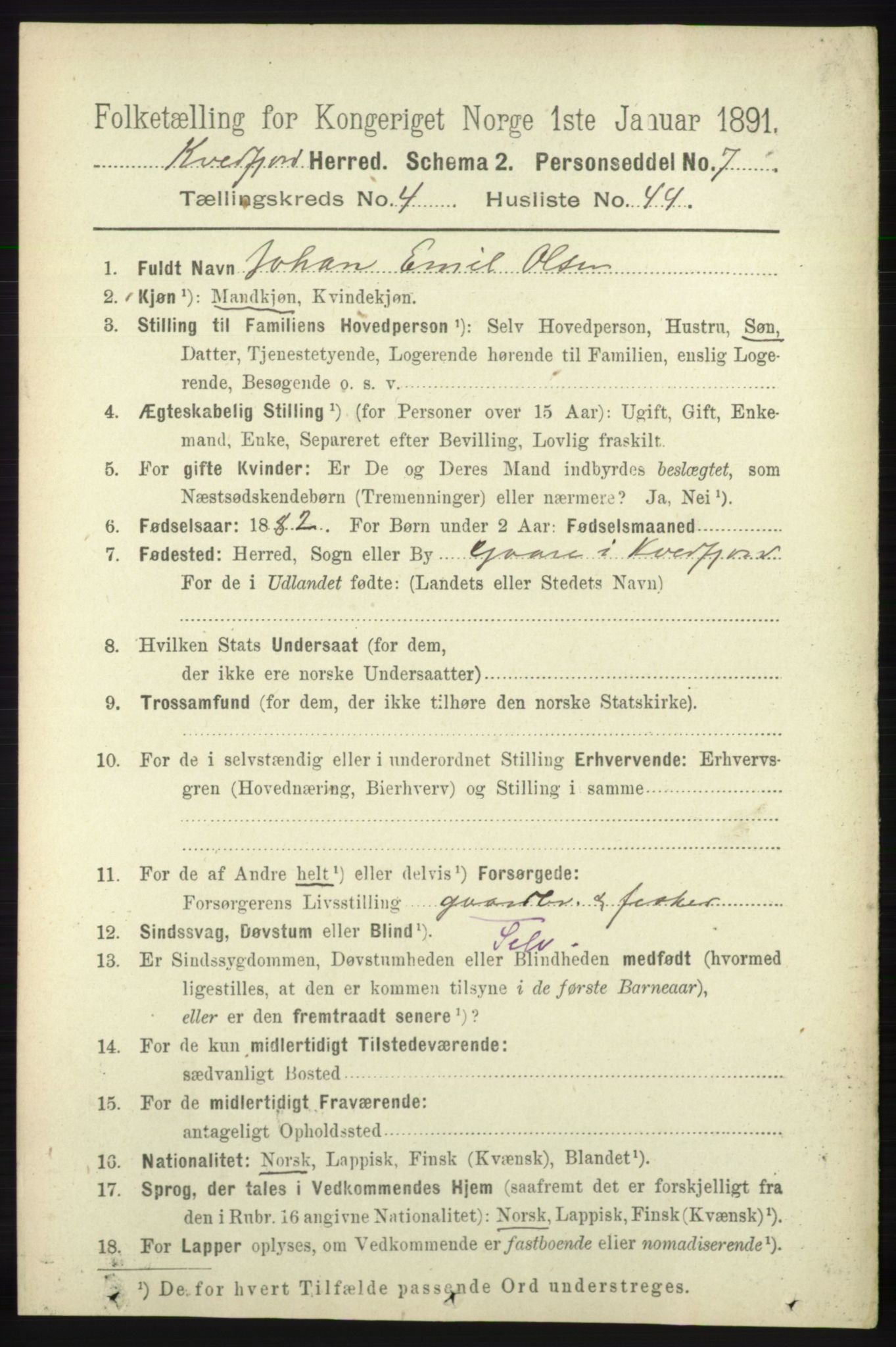 RA, 1891 census for 1911 Kvæfjord, 1891, p. 2200