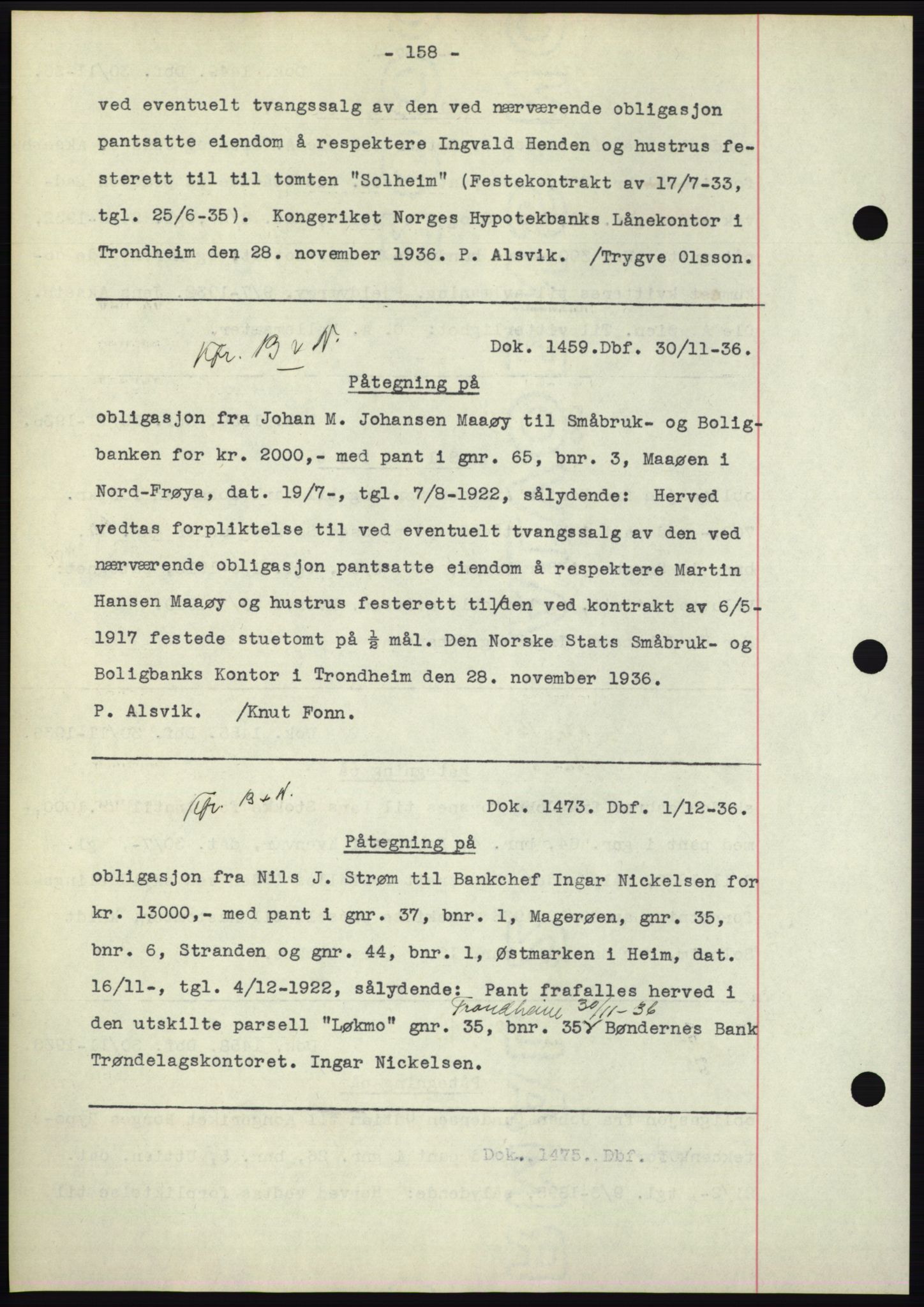 Hitra sorenskriveri, AV/SAT-A-0018/2/2C/2Ca: Mortgage book no. C1, 1936-1945, Diary no: : 1459/1936