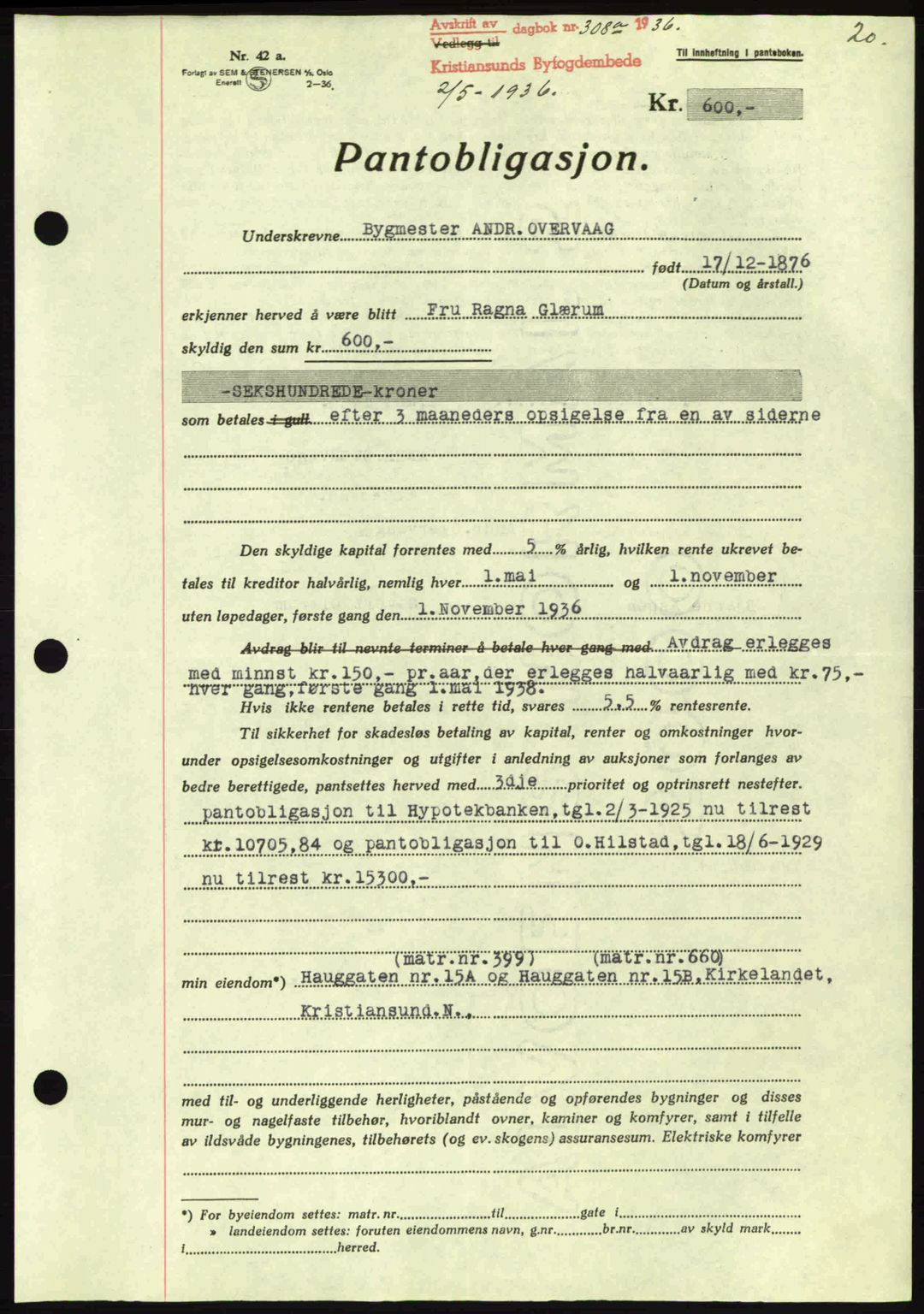 Kristiansund byfogd, AV/SAT-A-4587/A/27: Mortgage book no. 29, 1936-1937, Diary no: : 308/1936
