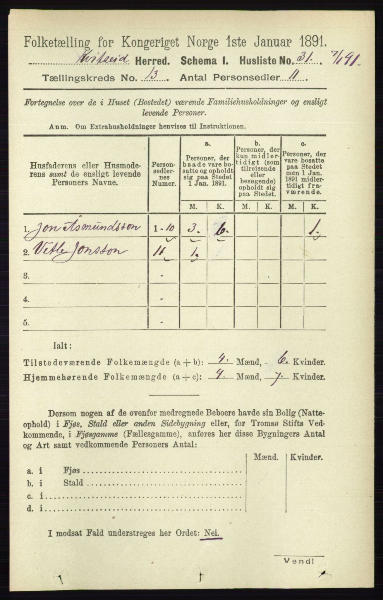 RA, 1891 census for 0829 Kviteseid, 1891, p. 3070