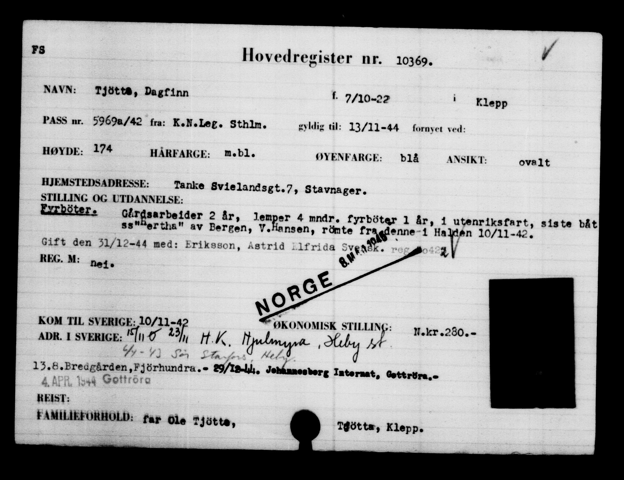 Utenriksstasjonene, Legasjonen i Stockholm, Flyktningkontoret, AV/RA-S-6753/V/Va/L0006: Kjesäterkartoteket, flyktninger med registreringsnr. 9400-12711, 1940-1945, p. 1108