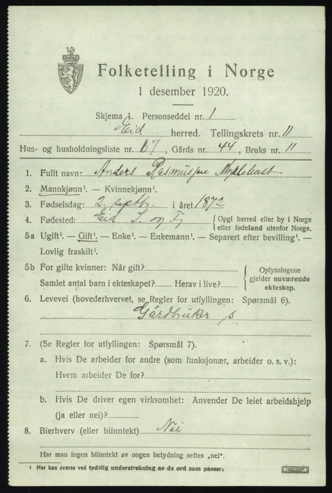 SAB, 1920 census for Eid, 1920, p. 6874