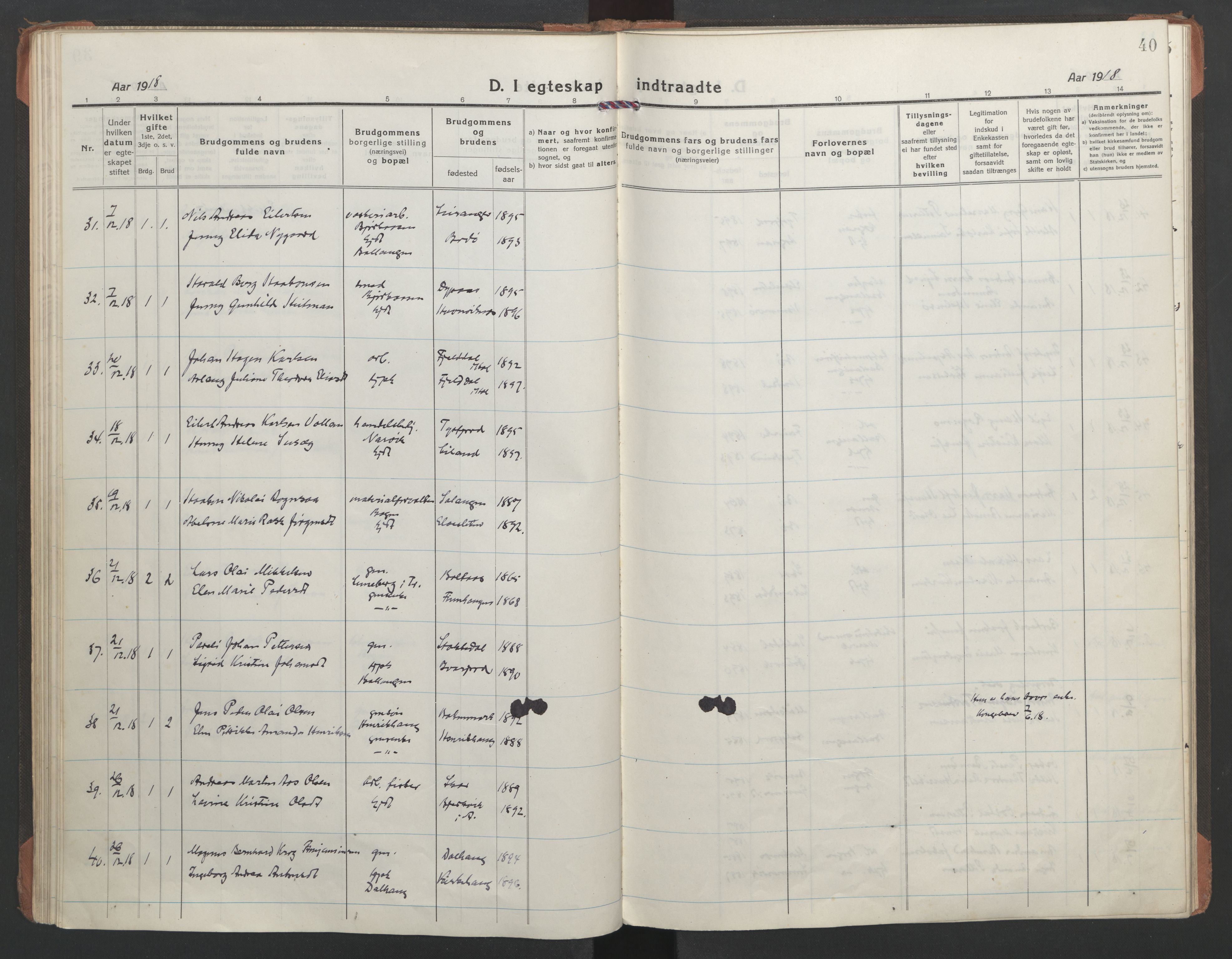 Ministerialprotokoller, klokkerbøker og fødselsregistre - Nordland, AV/SAT-A-1459/863/L0902: Parish register (official) no. 863A14, 1906-1937, p. 40