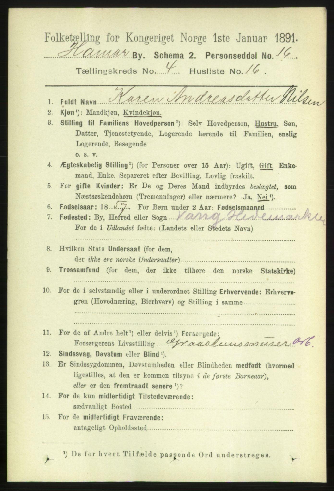 RA, 1891 census for 0401 Hamar, 1891, p. 3088