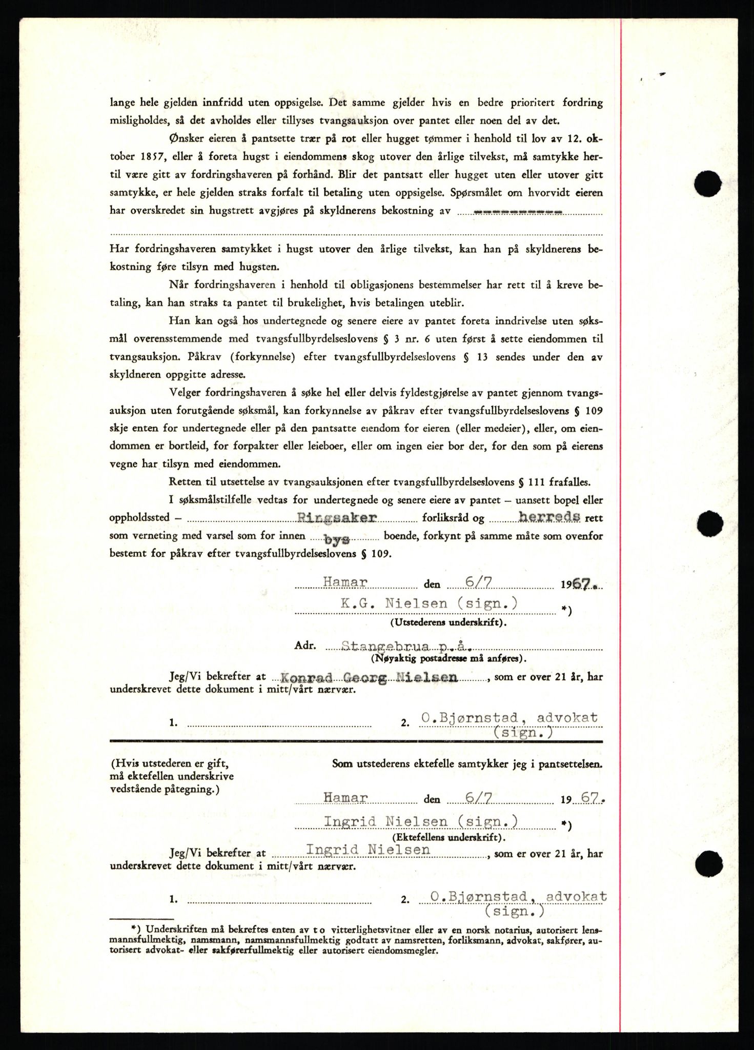 Nord-Hedmark sorenskriveri, SAH/TING-012/H/Hb/Hbf/L0071: Mortgage book no. B71, 1967-1967, Diary no: : 3110/1967