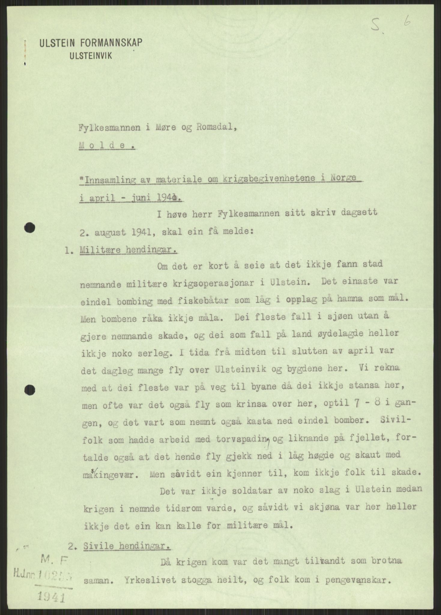 Forsvaret, Forsvarets krigshistoriske avdeling, AV/RA-RAFA-2017/Y/Ya/L0015: II-C-11-31 - Fylkesmenn.  Rapporter om krigsbegivenhetene 1940., 1940, p. 797