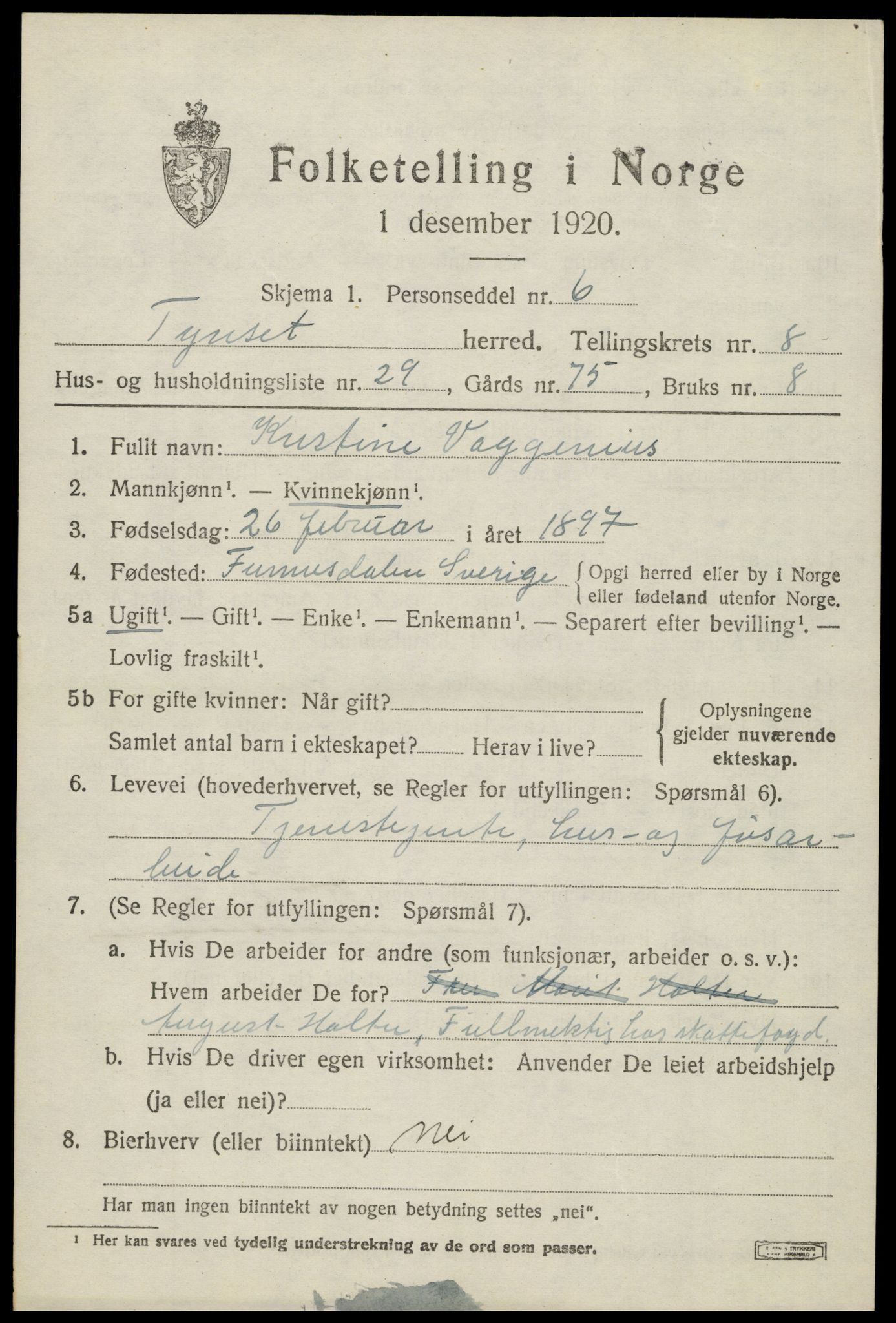 SAH, 1920 census for Tynset, 1920, p. 6914