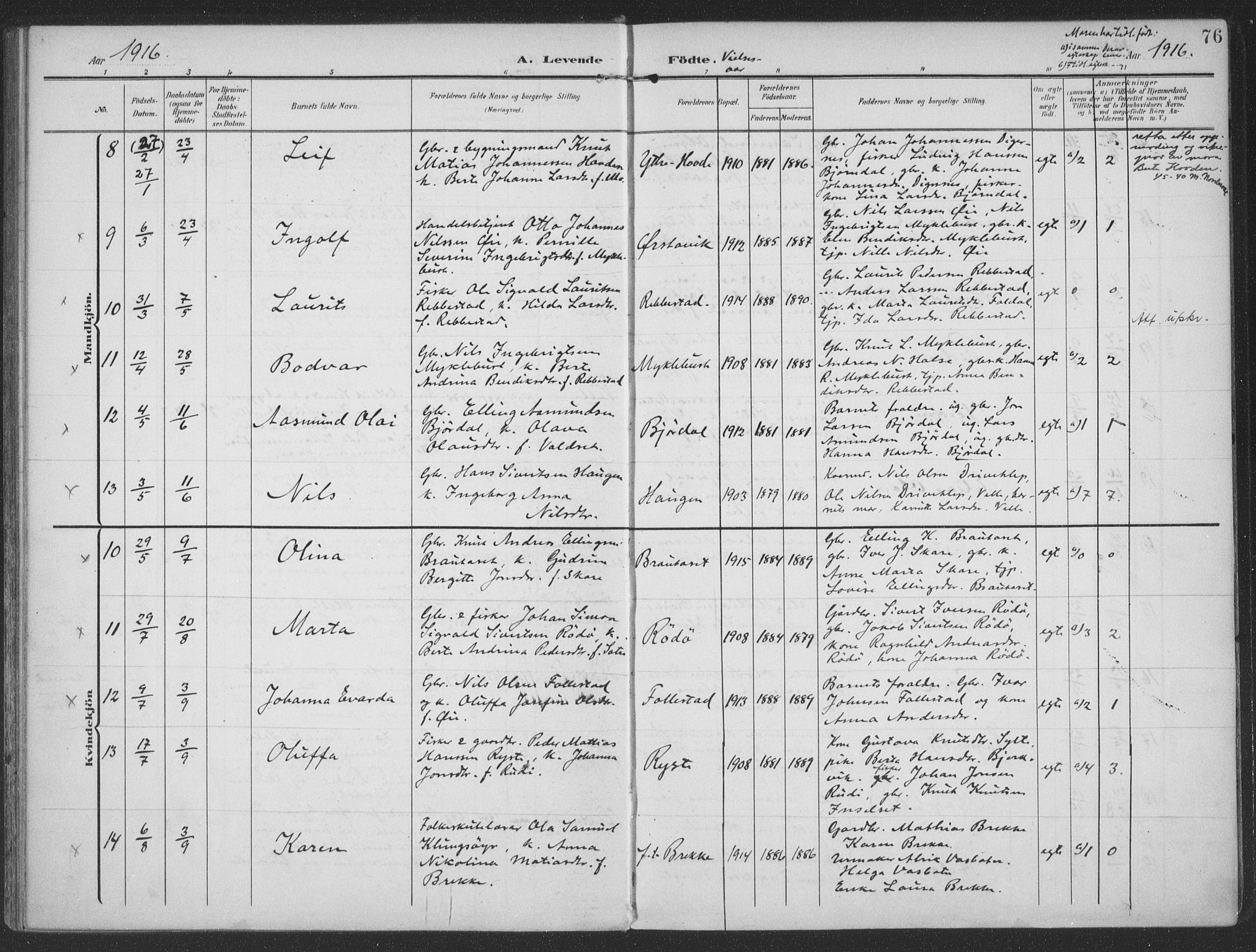 Ministerialprotokoller, klokkerbøker og fødselsregistre - Møre og Romsdal, AV/SAT-A-1454/513/L0178: Parish register (official) no. 513A05, 1906-1919, p. 76