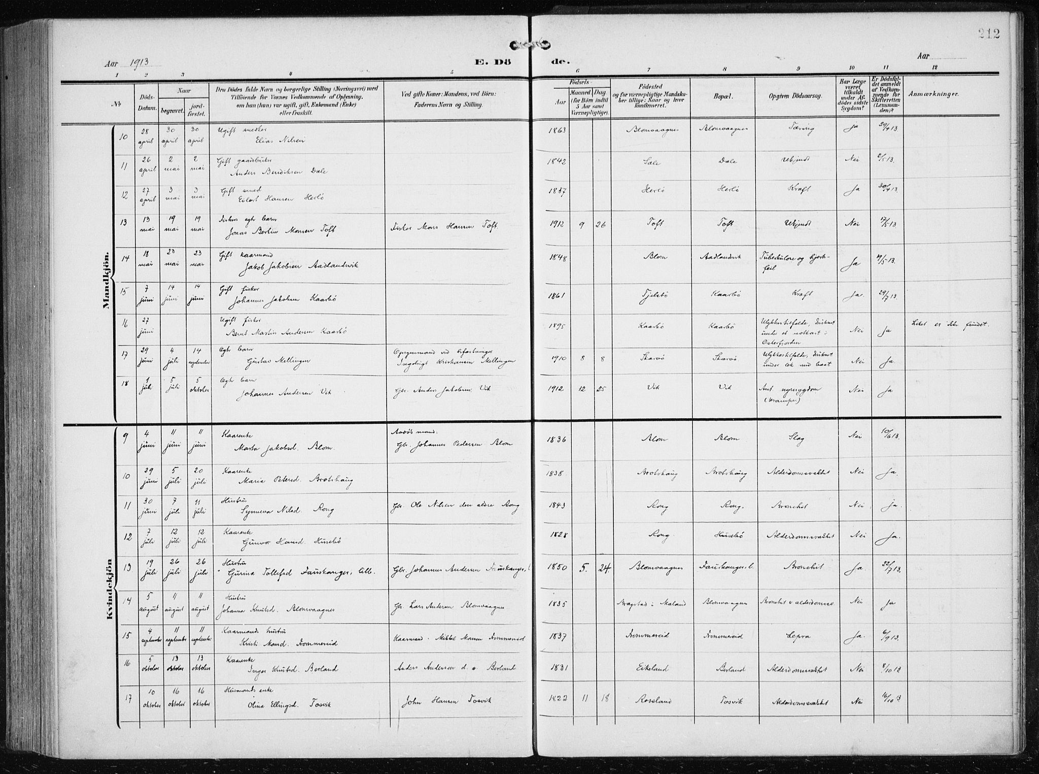 Herdla Sokneprestembete, SAB/A-75701/H/Haa: Parish register (official) no. A 5, 1905-1918, p. 212