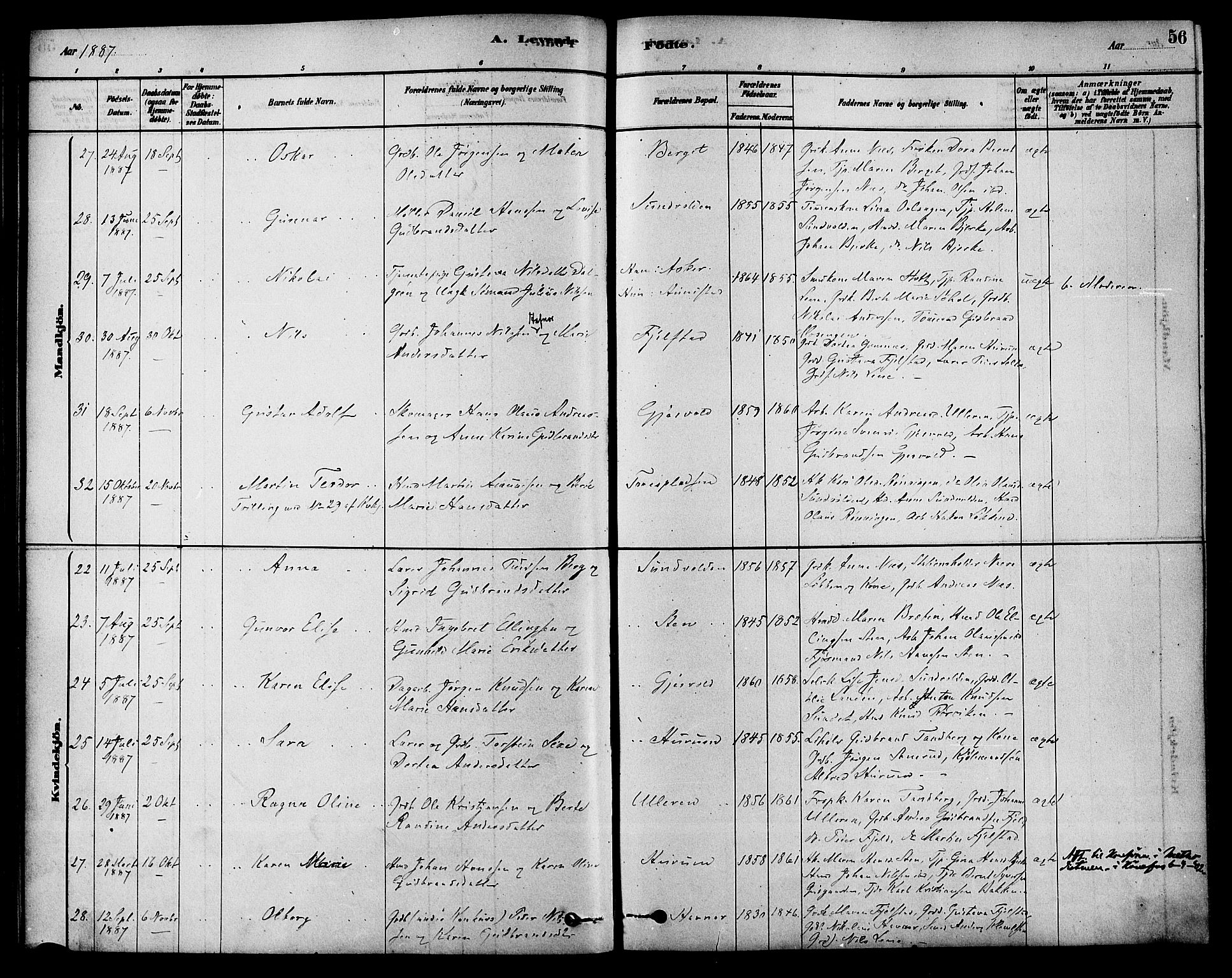 Hole kirkebøker, AV/SAKO-A-228/F/Fa/L0008: Parish register (official) no. I 8, 1878-1891, p. 56