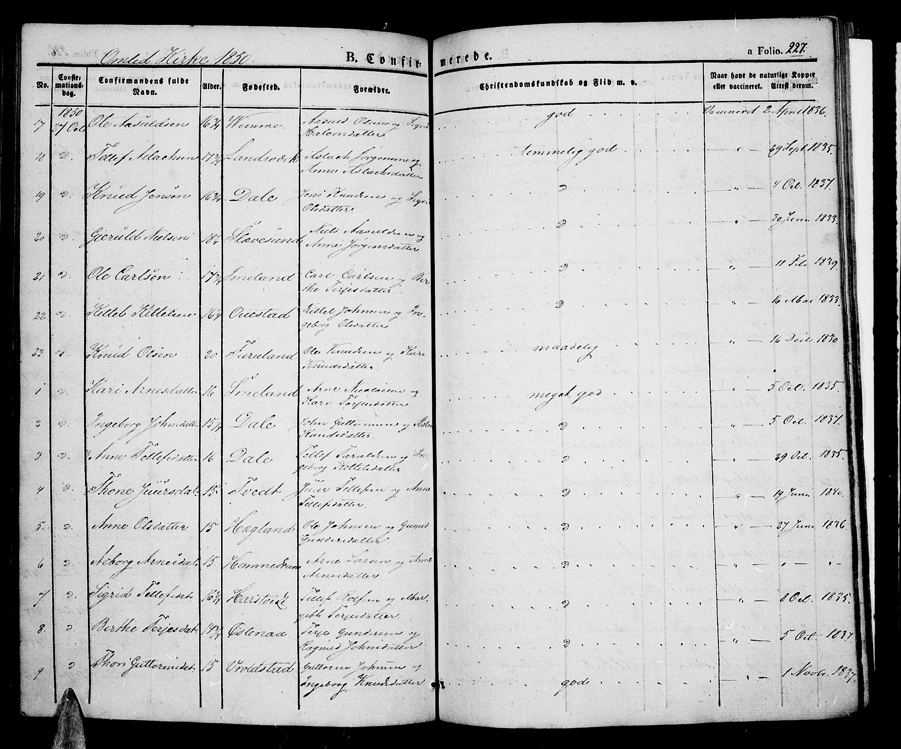 Åmli sokneprestkontor, AV/SAK-1111-0050/F/Fa/Fac/L0007: Parish register (official) no. A 7 /1, 1829-1851, p. 227