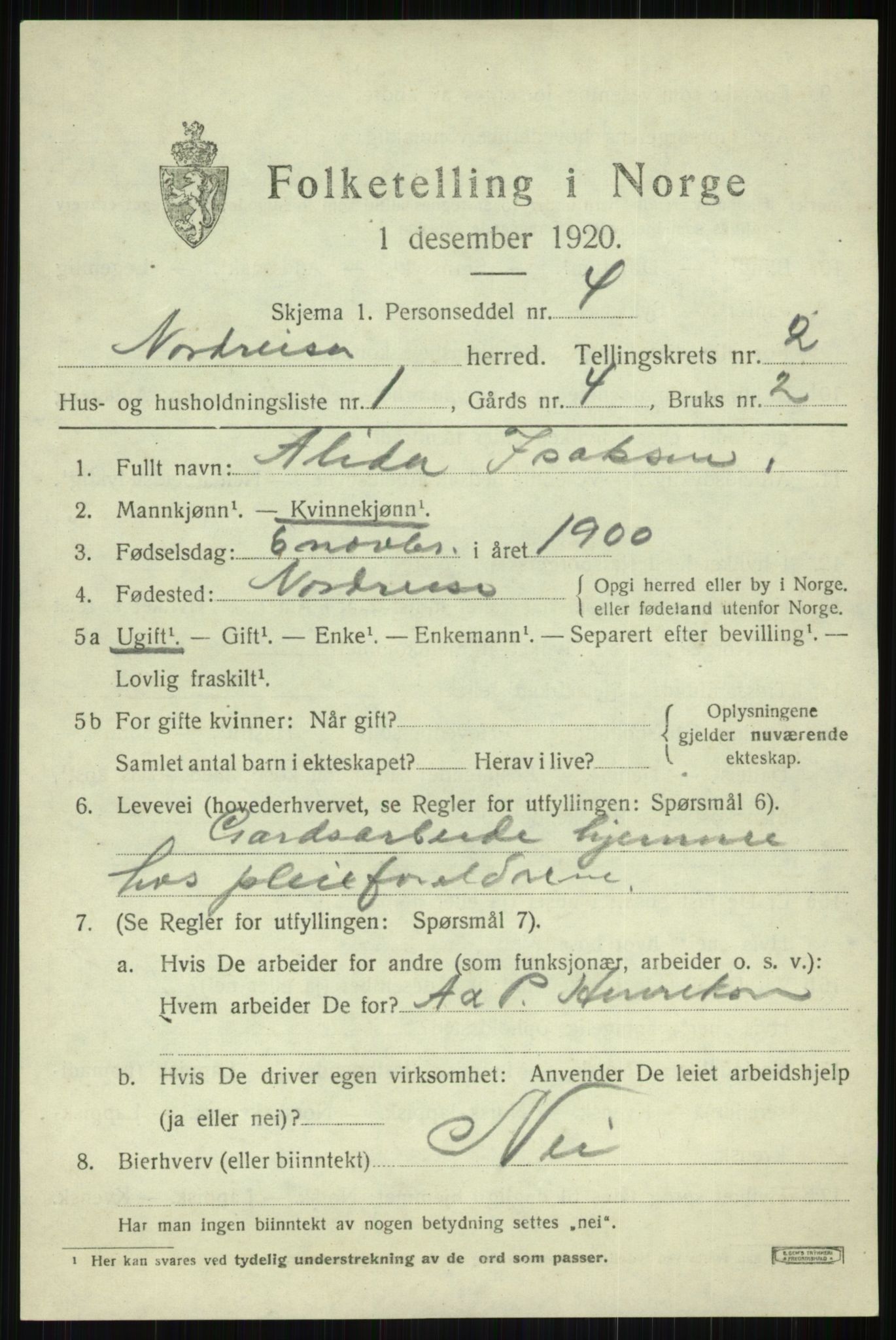 SATØ, 1920 census for Nordreisa, 1920, p. 1003