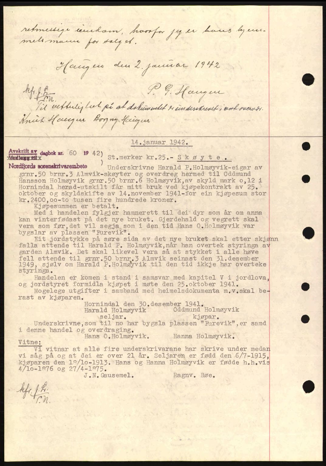 Nordfjord sorenskriveri, SAB/A-2801/02/02b/02bj/L0007: Mortgage book no. A7, 1941-1943, Diary no: : 56/1942