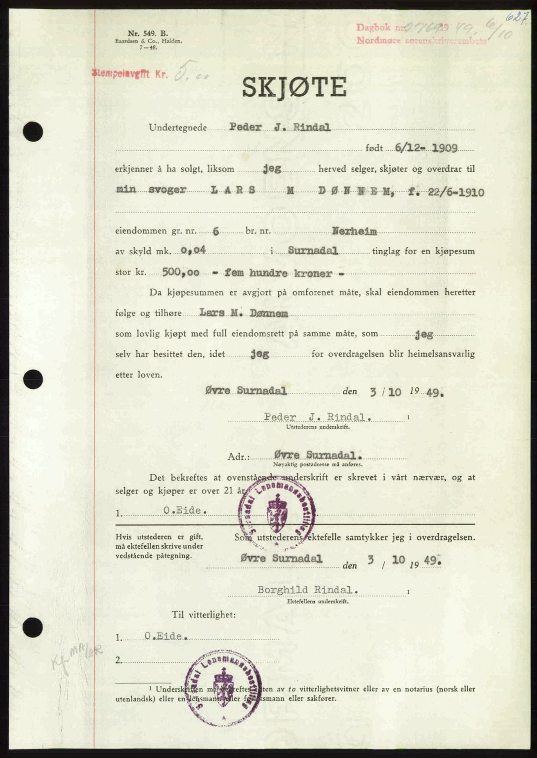 Nordmøre sorenskriveri, AV/SAT-A-4132/1/2/2Ca: Mortgage book no. A112, 1949-1949, Diary no: : 2769/1949