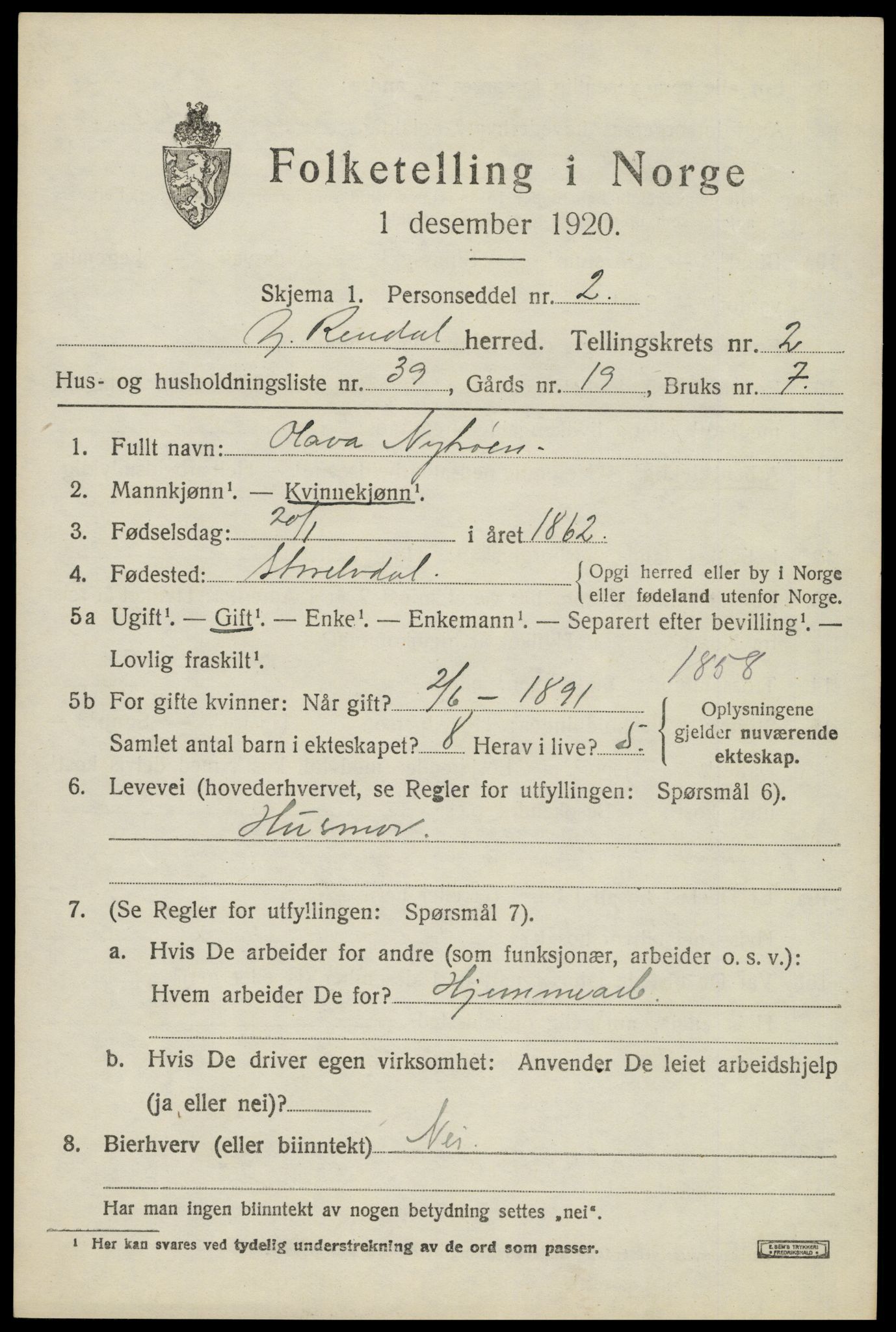 SAH, 1920 census for Ytre Rendal, 1920, p. 1591