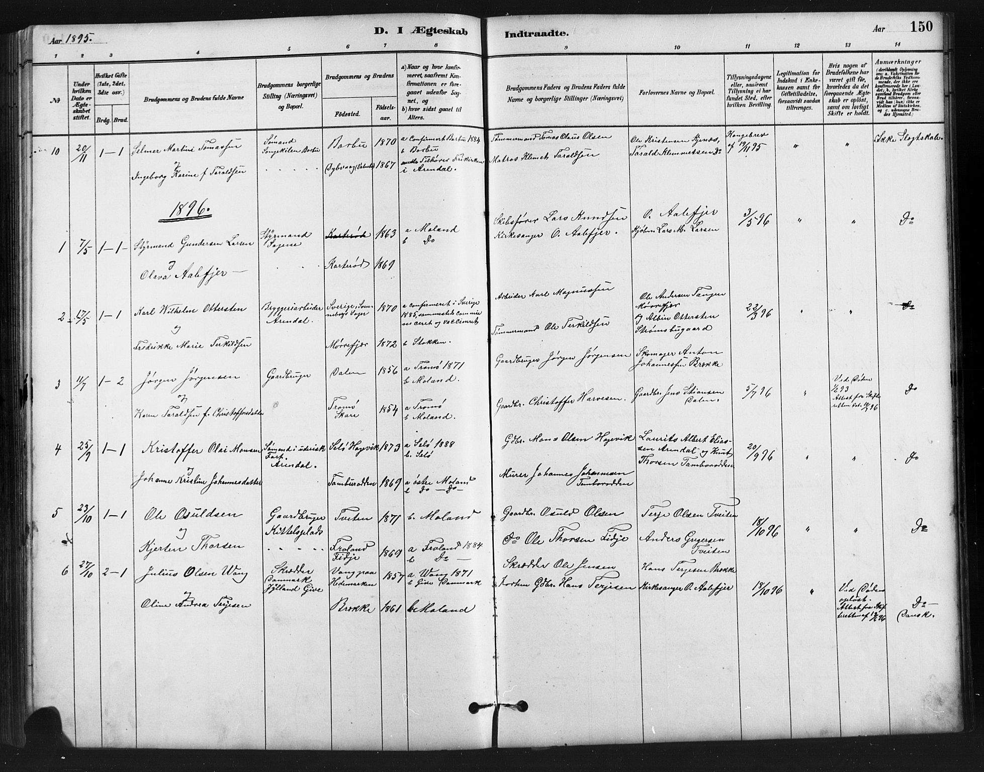 Austre Moland sokneprestkontor, SAK/1111-0001/F/Fb/Fba/L0003: Parish register (copy) no. B 3, 1879-1914, p. 150