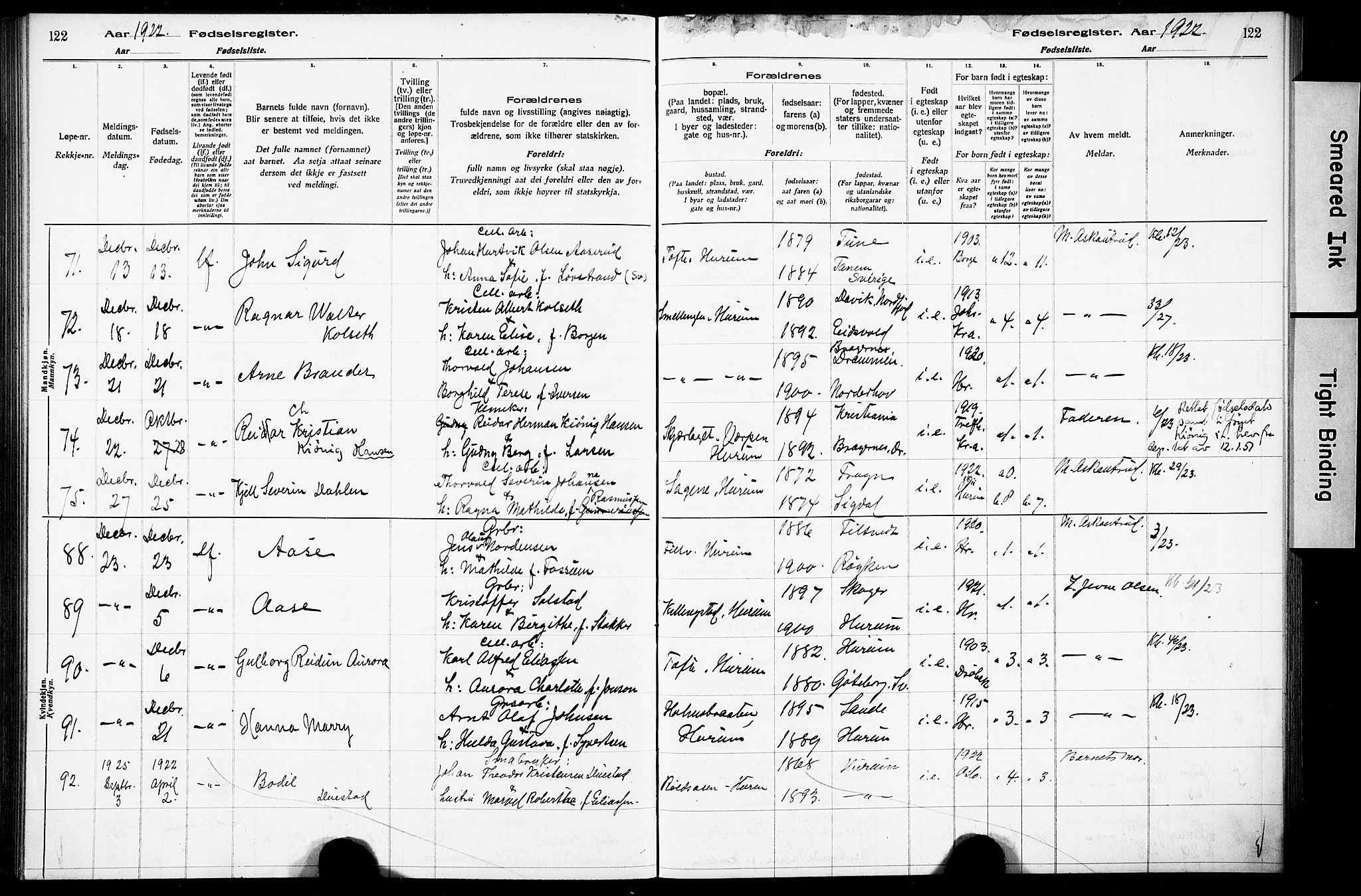 Hurum kirkebøker, AV/SAKO-A-229/J/Ja/L0001: Birth register no. 1, 1916-1928, p. 122