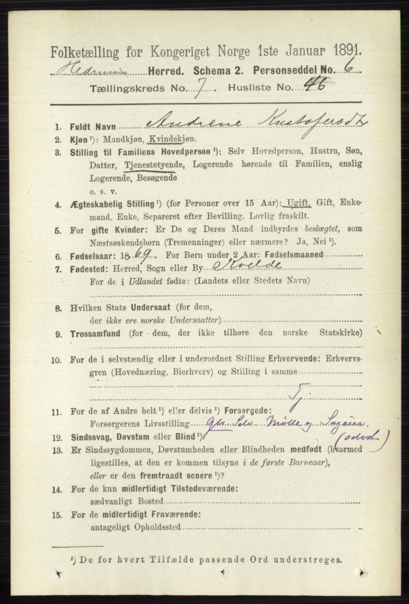 RA, 1891 census for 0727 Hedrum, 1891, p. 3290