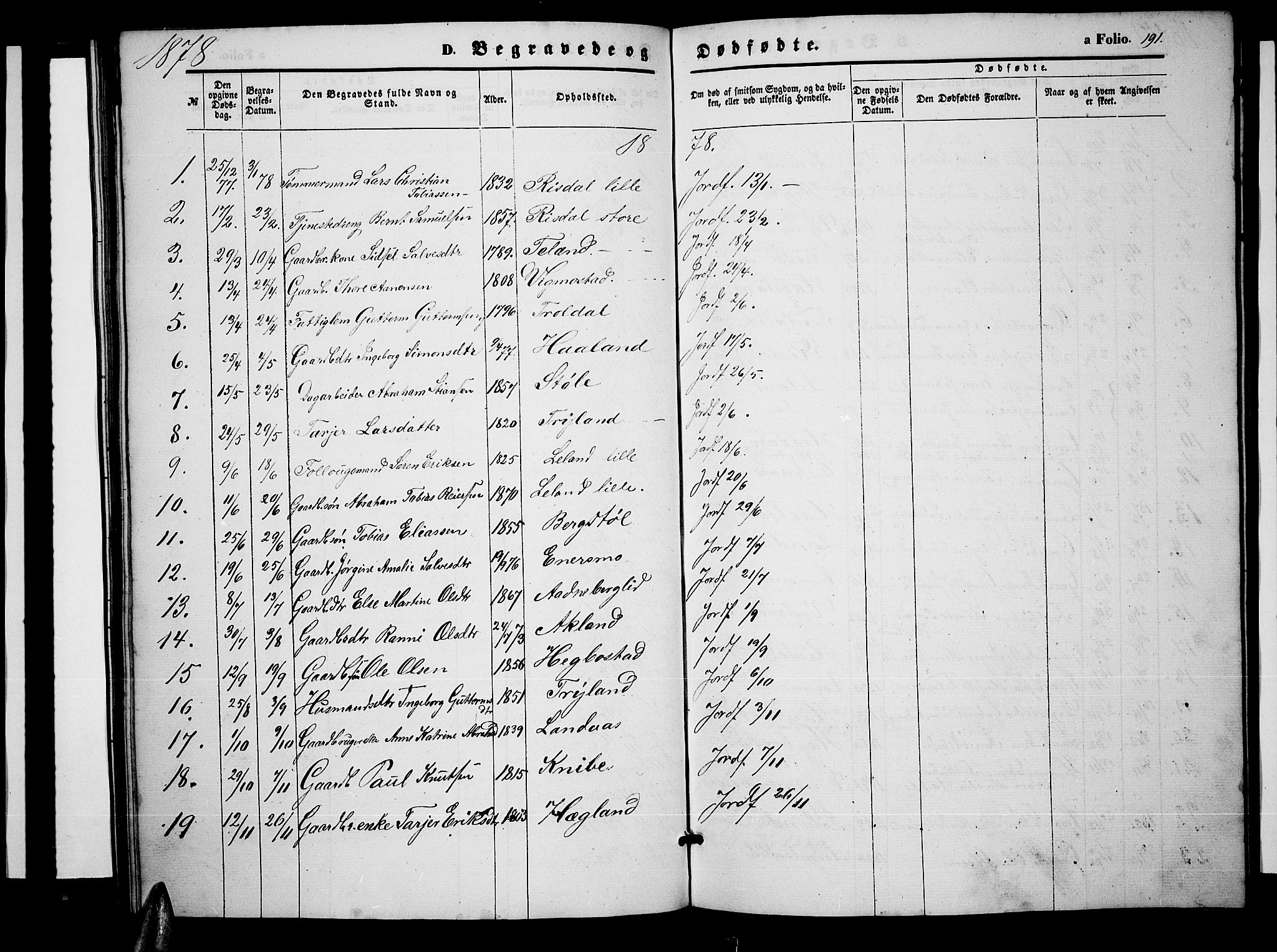 Nord-Audnedal sokneprestkontor, SAK/1111-0032/F/Fb/Fbb/L0002: Parish register (copy) no. B 2, 1859-1882, p. 191