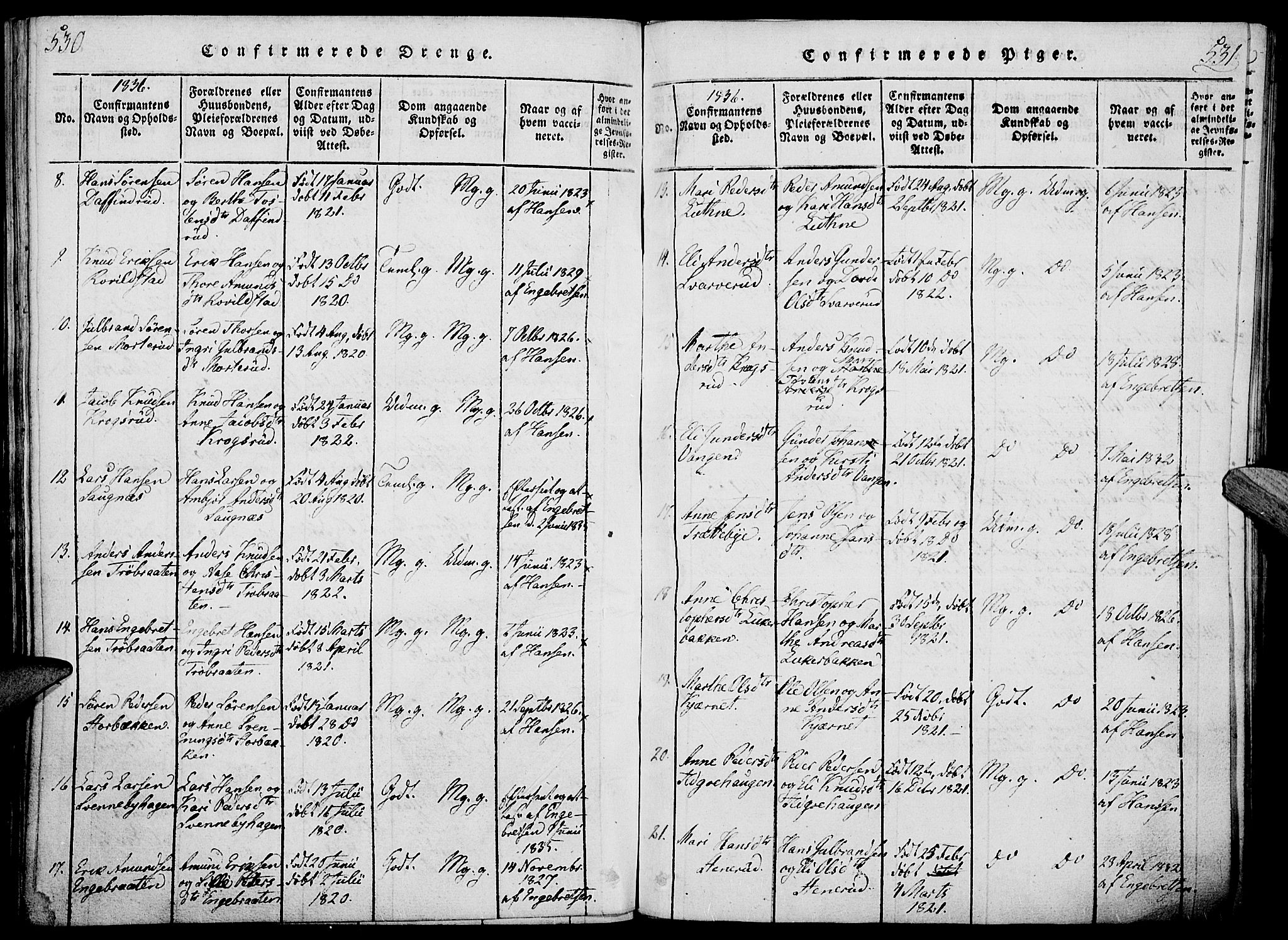 Nord-Odal prestekontor, AV/SAH-PREST-032/H/Ha/Haa/L0001: Parish register (official) no. 1, 1819-1838, p. 530-531