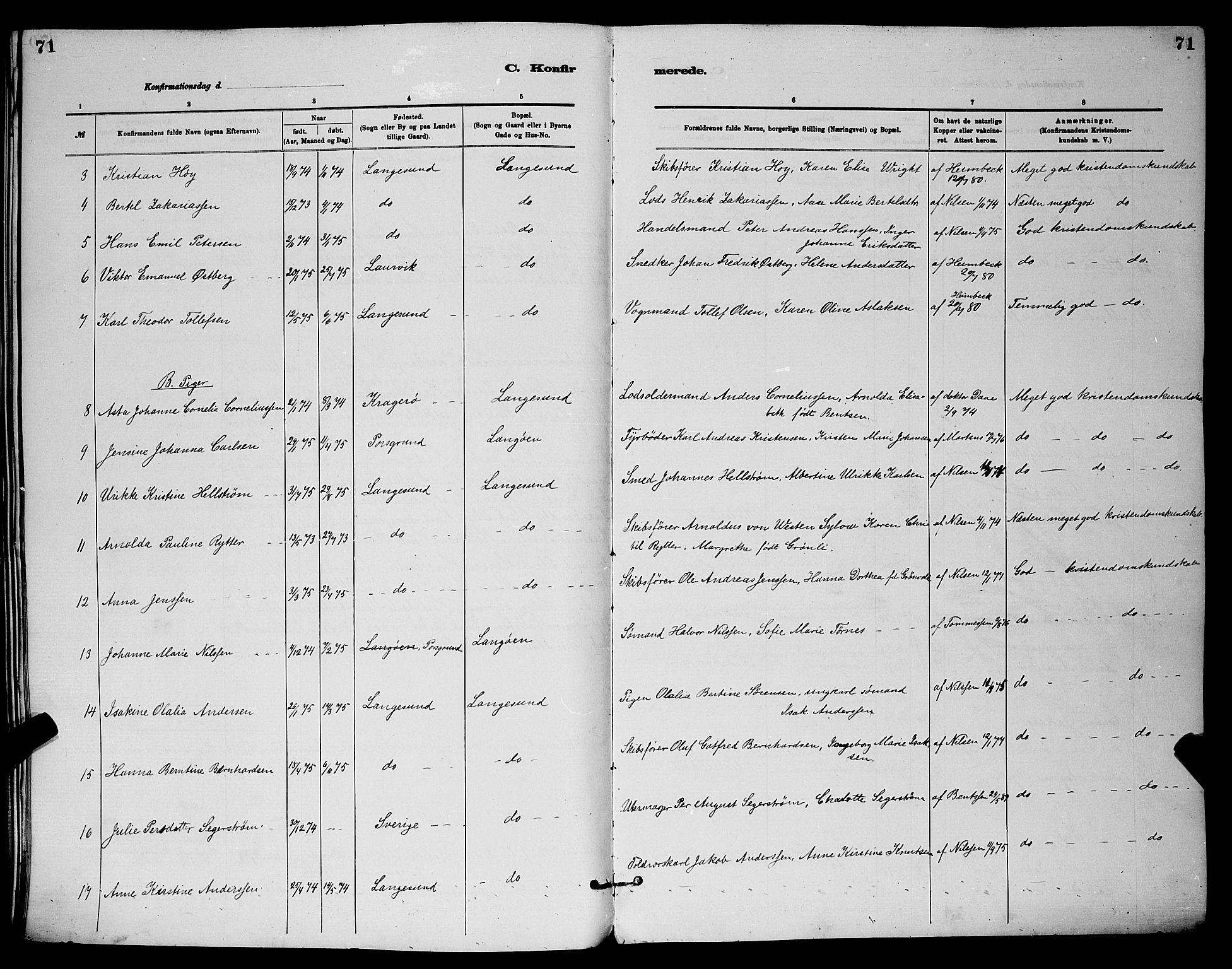 Langesund kirkebøker, SAKO/A-280/G/Ga/L0005: Parish register (copy) no. 5, 1884-1898, p. 71