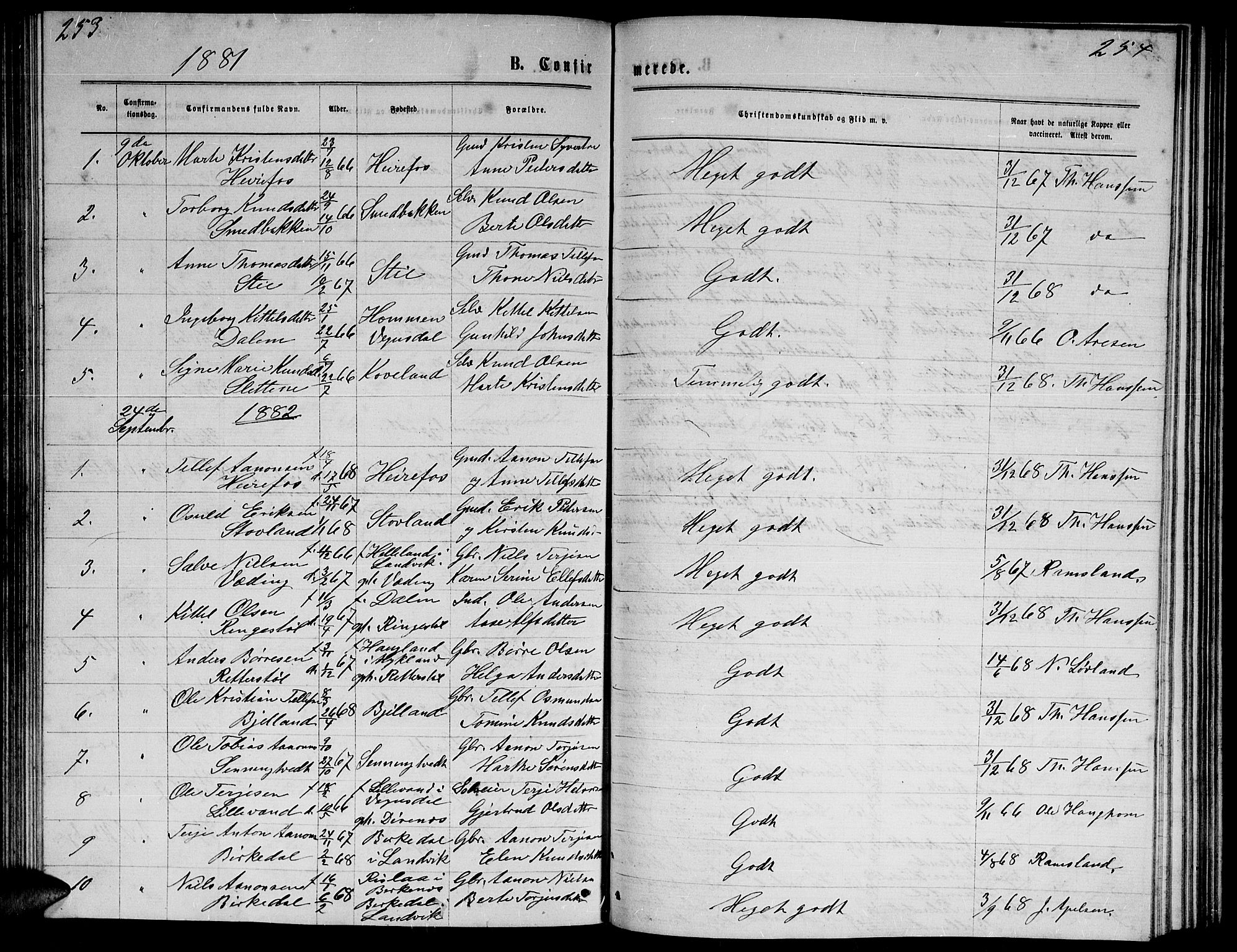 Herefoss sokneprestkontor, AV/SAK-1111-0019/F/Fb/Fba/L0002: Parish register (copy) no. B 2, 1868-1886, p. 253-254