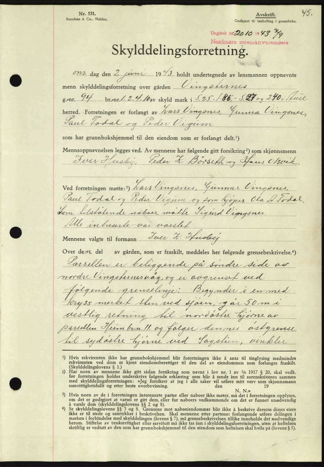 Nordmøre sorenskriveri, AV/SAT-A-4132/1/2/2Ca: Mortgage book no. A96, 1943-1944, Diary no: : 2010/1943