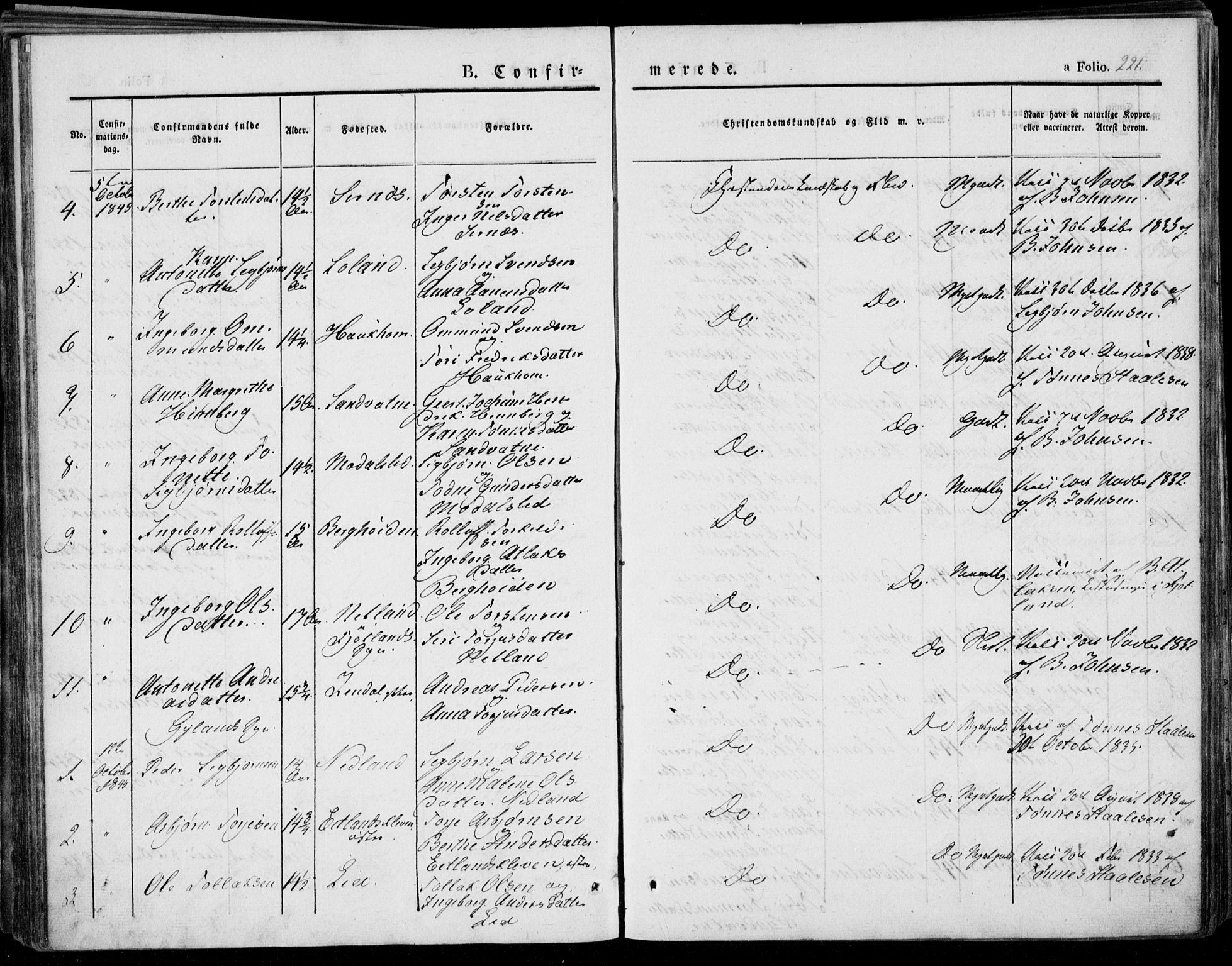 Bakke sokneprestkontor, SAK/1111-0002/F/Fa/Faa/L0004: Parish register (official) no. A 4, 1834-1846, p. 221