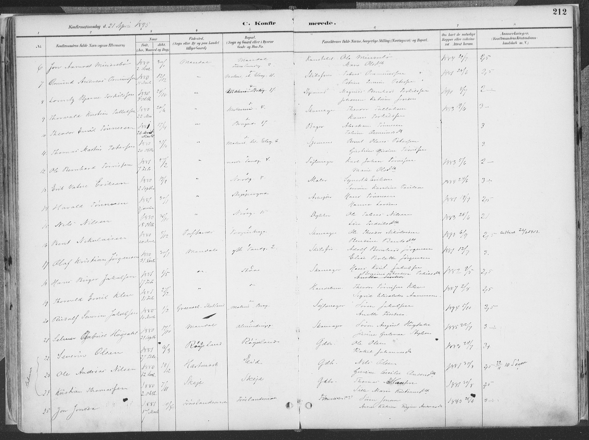 Mandal sokneprestkontor, SAK/1111-0030/F/Fa/Faa/L0018: Parish register (official) no. A 18, 1890-1905, p. 212