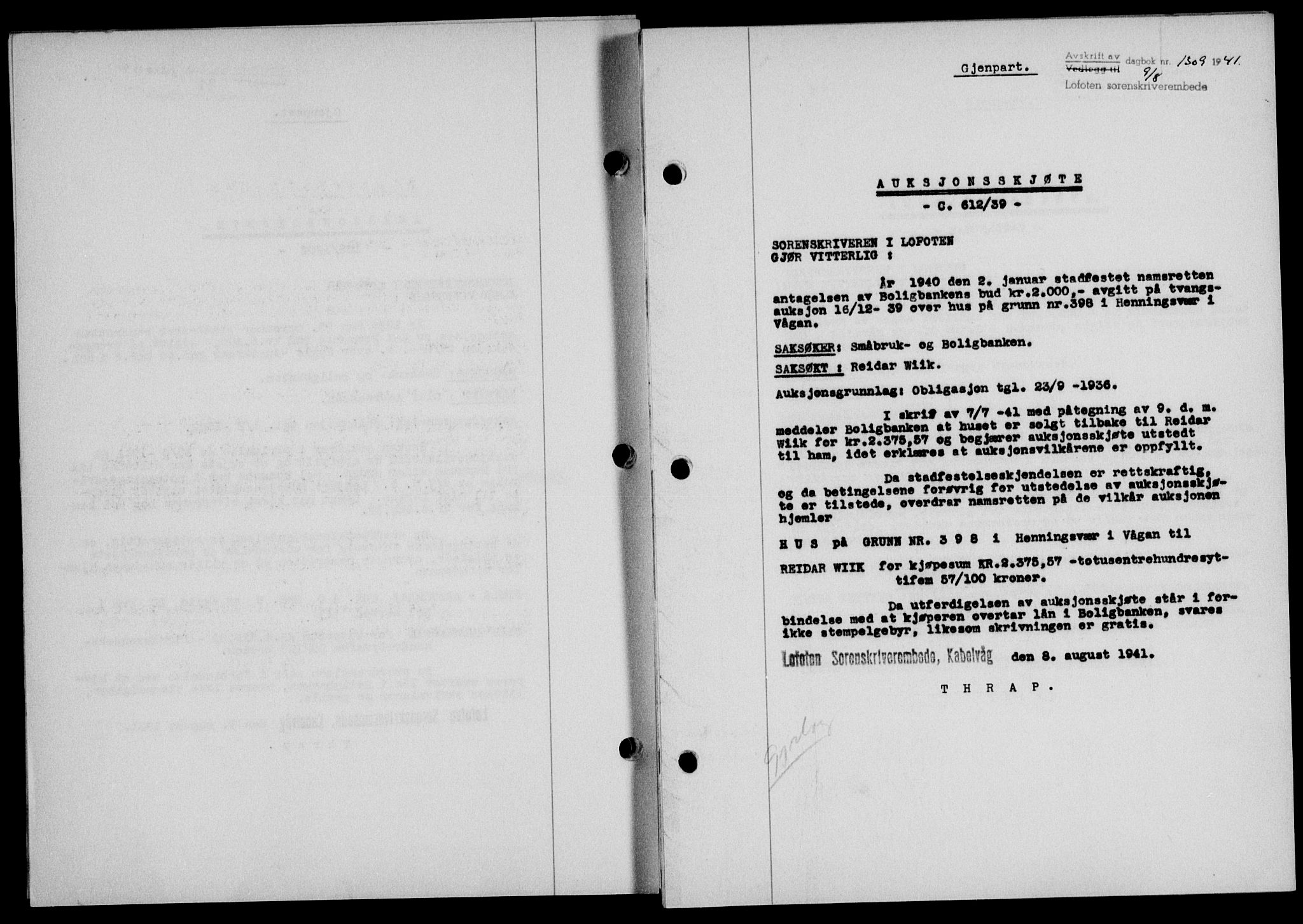 Lofoten sorenskriveri, SAT/A-0017/1/2/2C/L0008a: Mortgage book no. 8a, 1940-1941, Diary no: : 1309/1941