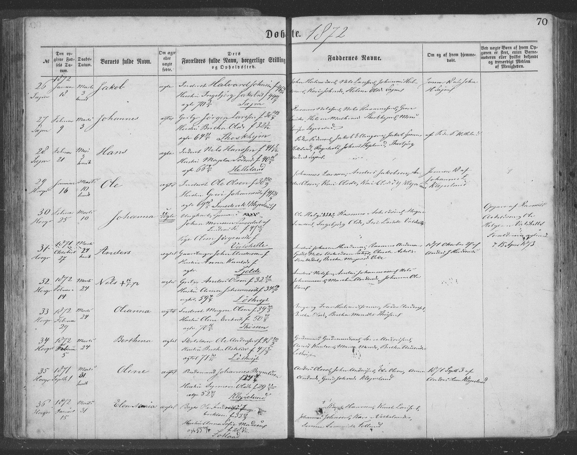 Hosanger sokneprestembete, AV/SAB-A-75801/H/Haa: Parish register (official) no. A 9, 1864-1876, p. 70