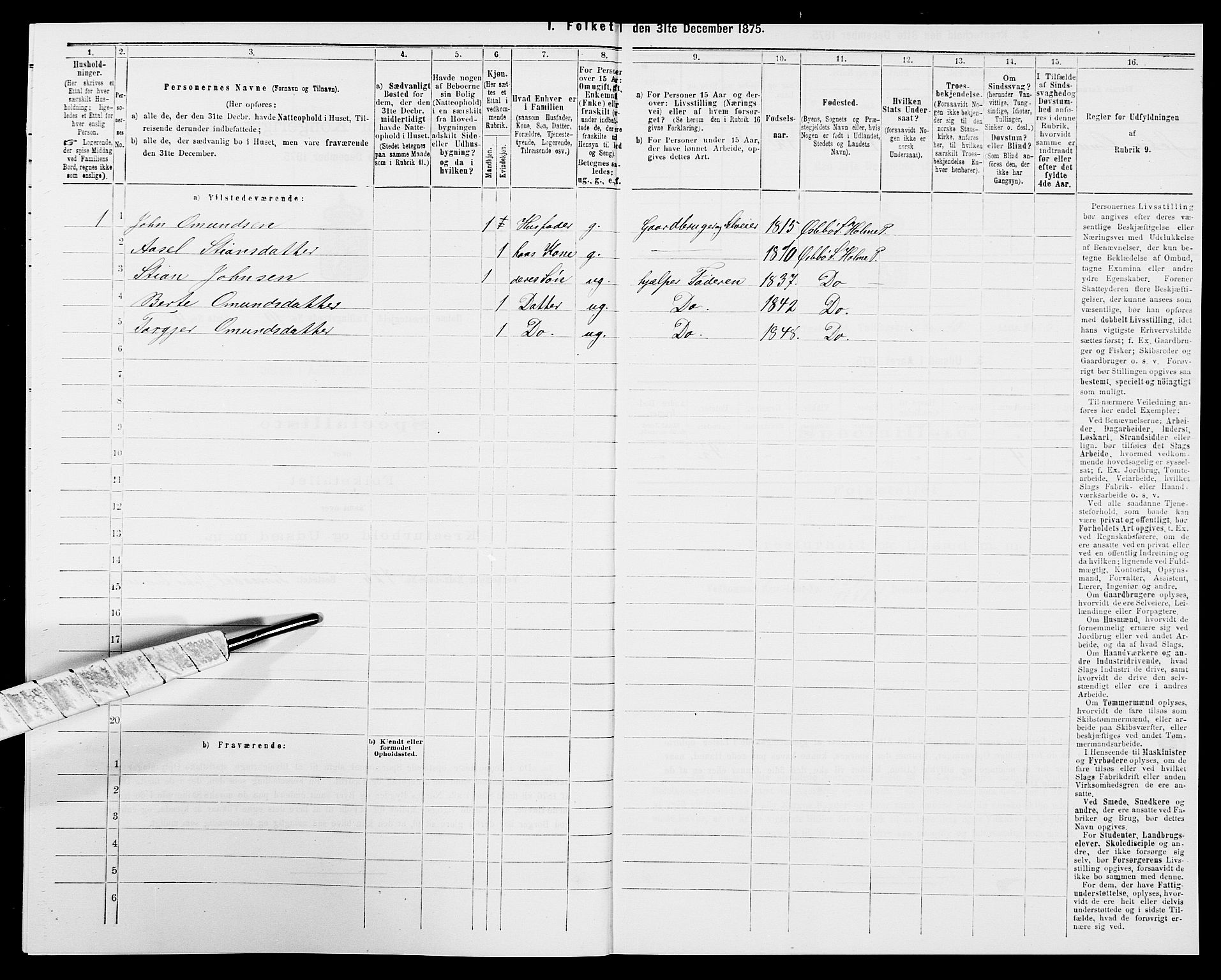 SAK, 1875 census for 1020P Holum, 1875, p. 1063