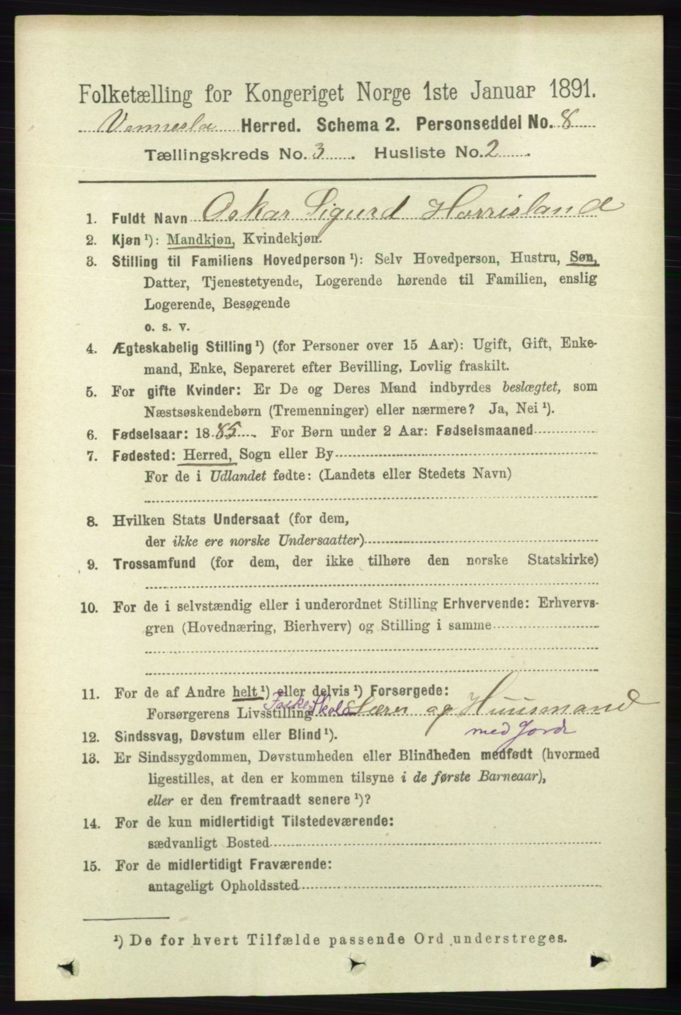 RA, 1891 census for 1014 Vennesla, 1891, p. 651