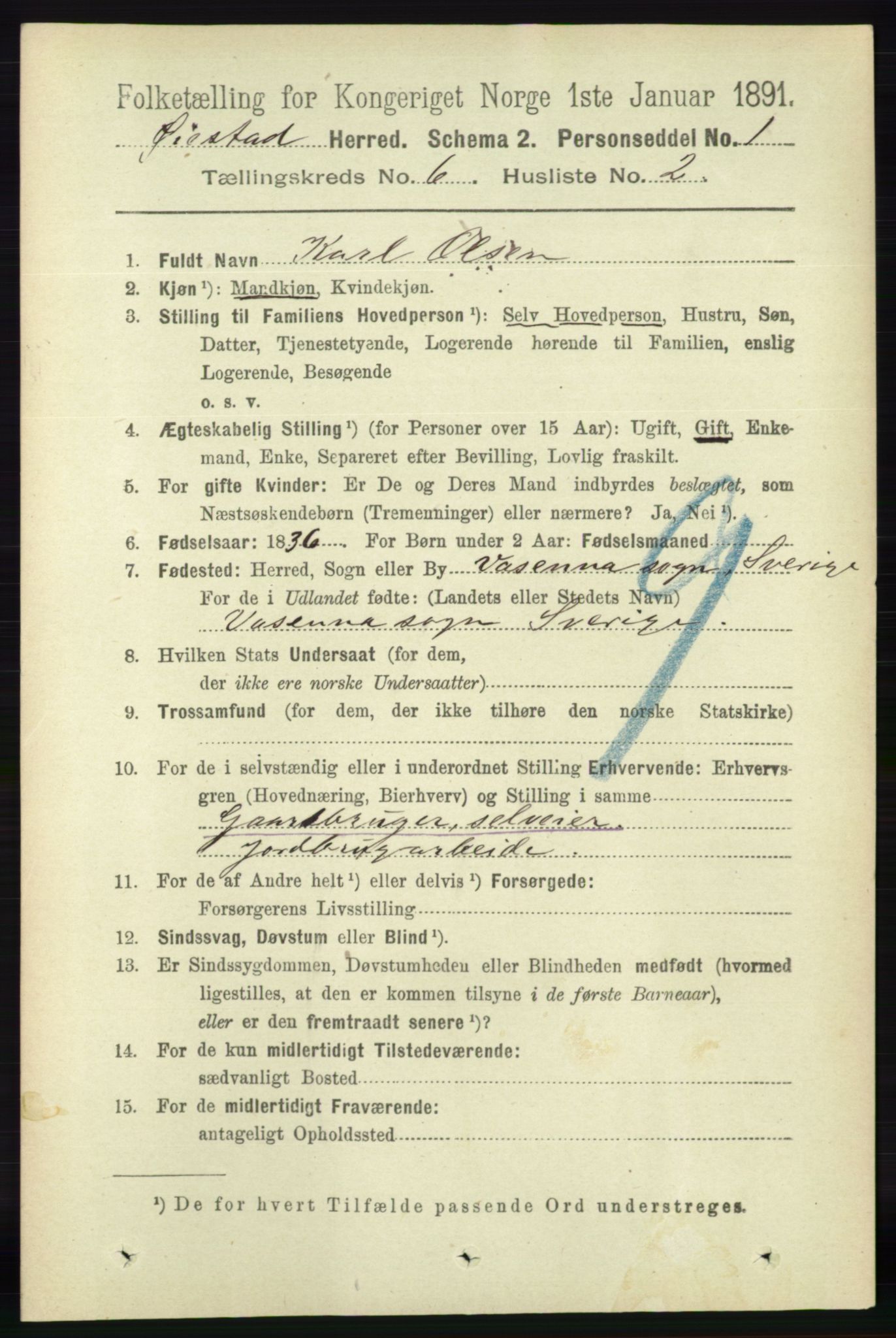 RA, 1891 census for 0920 Øyestad, 1891, p. 2138