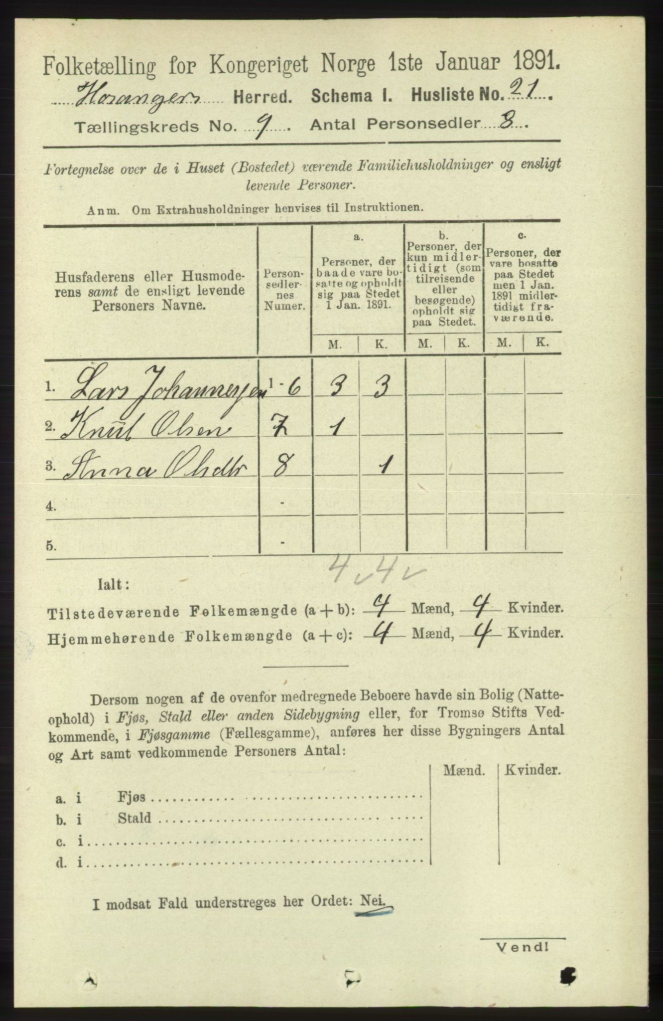 RA, 1891 census for 1253 Hosanger, 1891, p. 3290