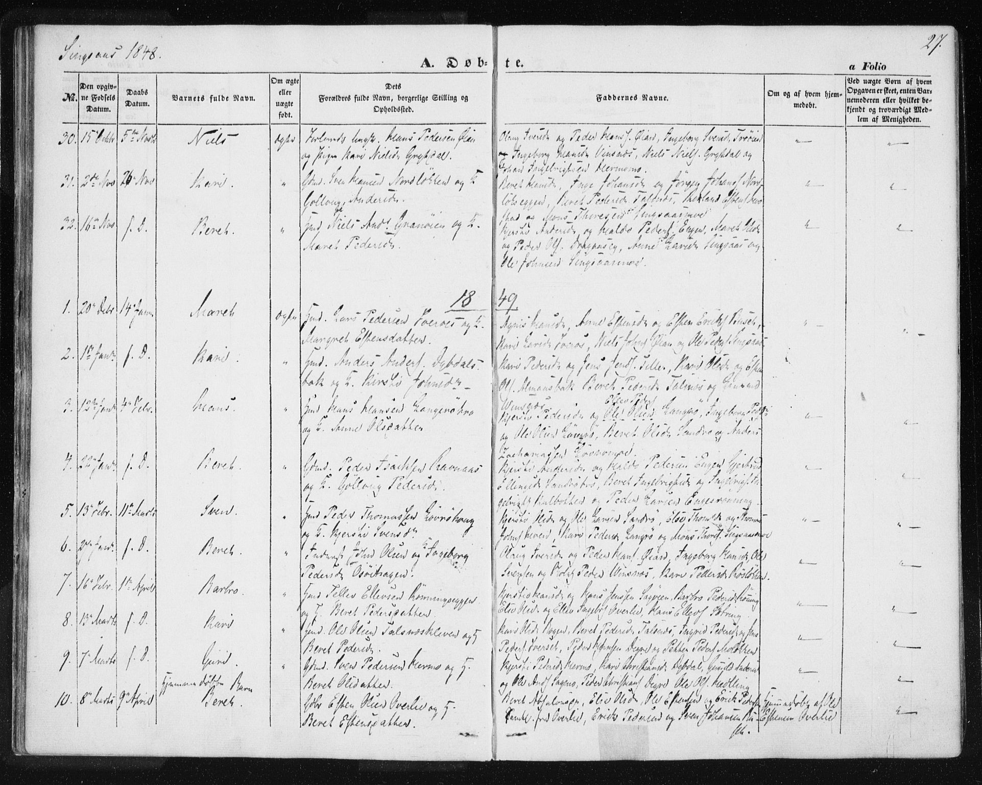 Ministerialprotokoller, klokkerbøker og fødselsregistre - Sør-Trøndelag, SAT/A-1456/685/L0964: Parish register (official) no. 685A06 /2, 1846-1859, p. 27