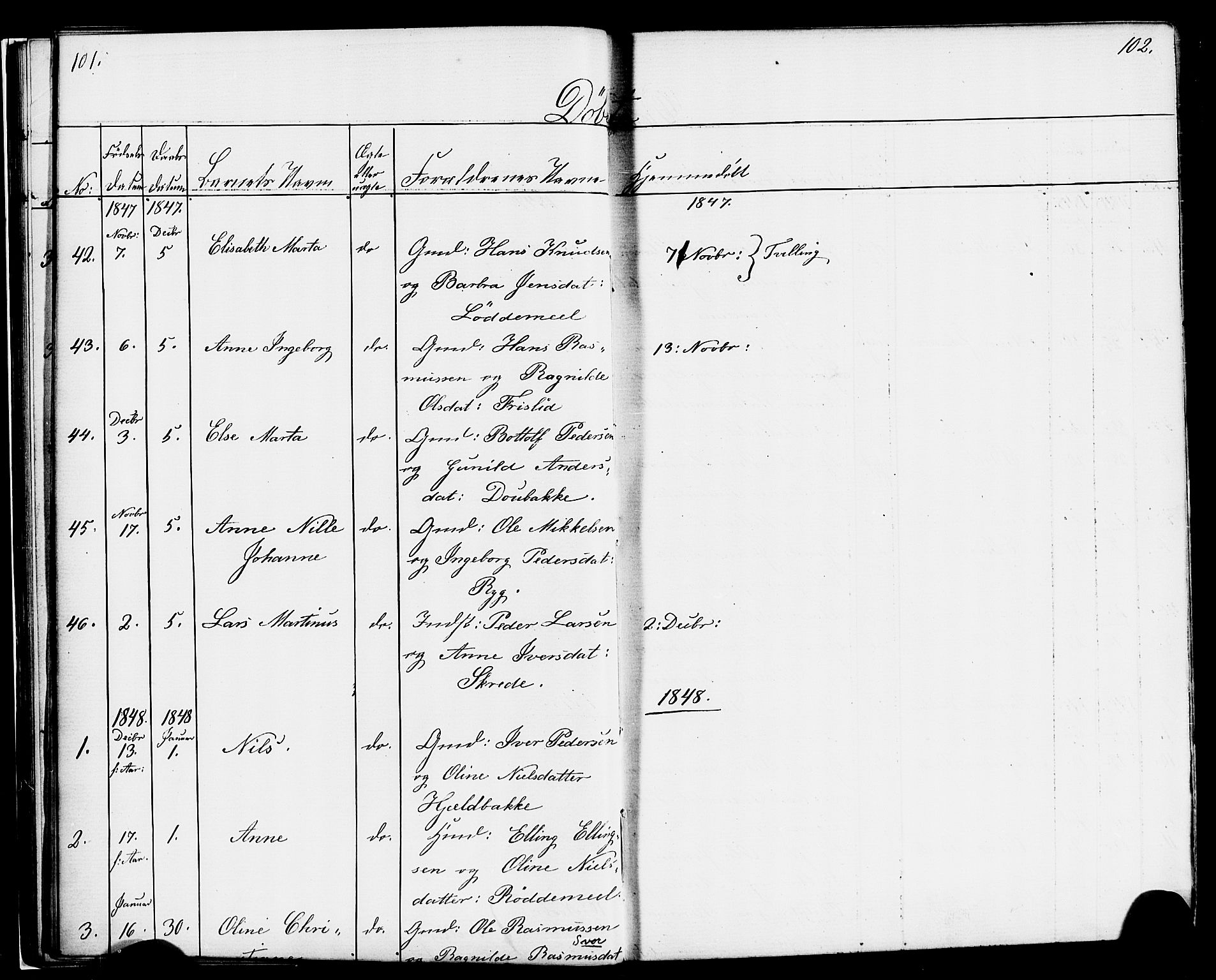 Hornindal sokneprestembete, SAB/A-82401/H/Haa/Haaa/L0001: Parish register (official) no. A 1, 1837-1866, p. 102-103